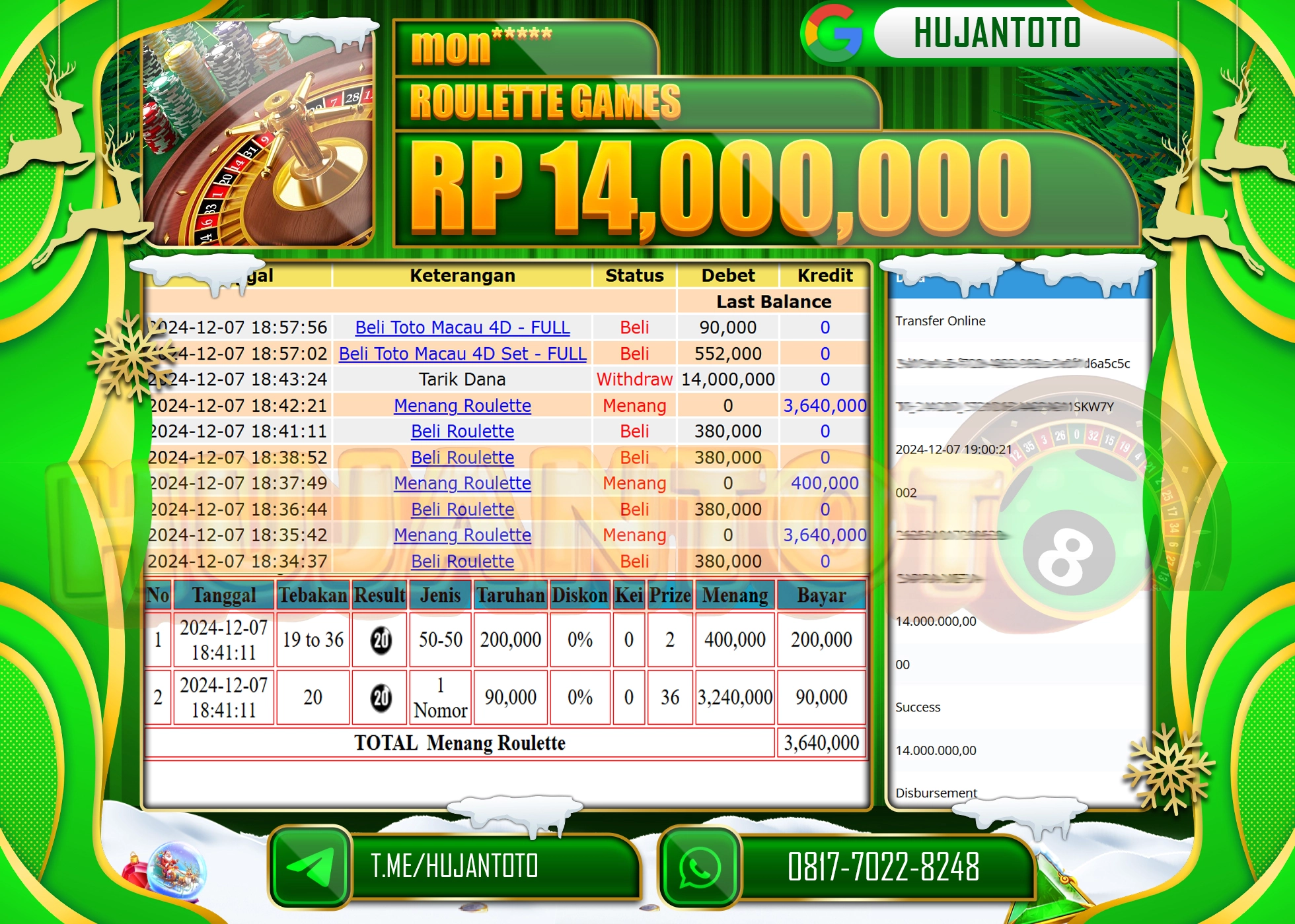 HUJANTOTO ATAS KEMENANGAN BESAR YANG  DI RAIH DI PERMAINAN LIVE ROULETTE GAMES- 14,000,000 -TERBAYAR - LUNAS 
