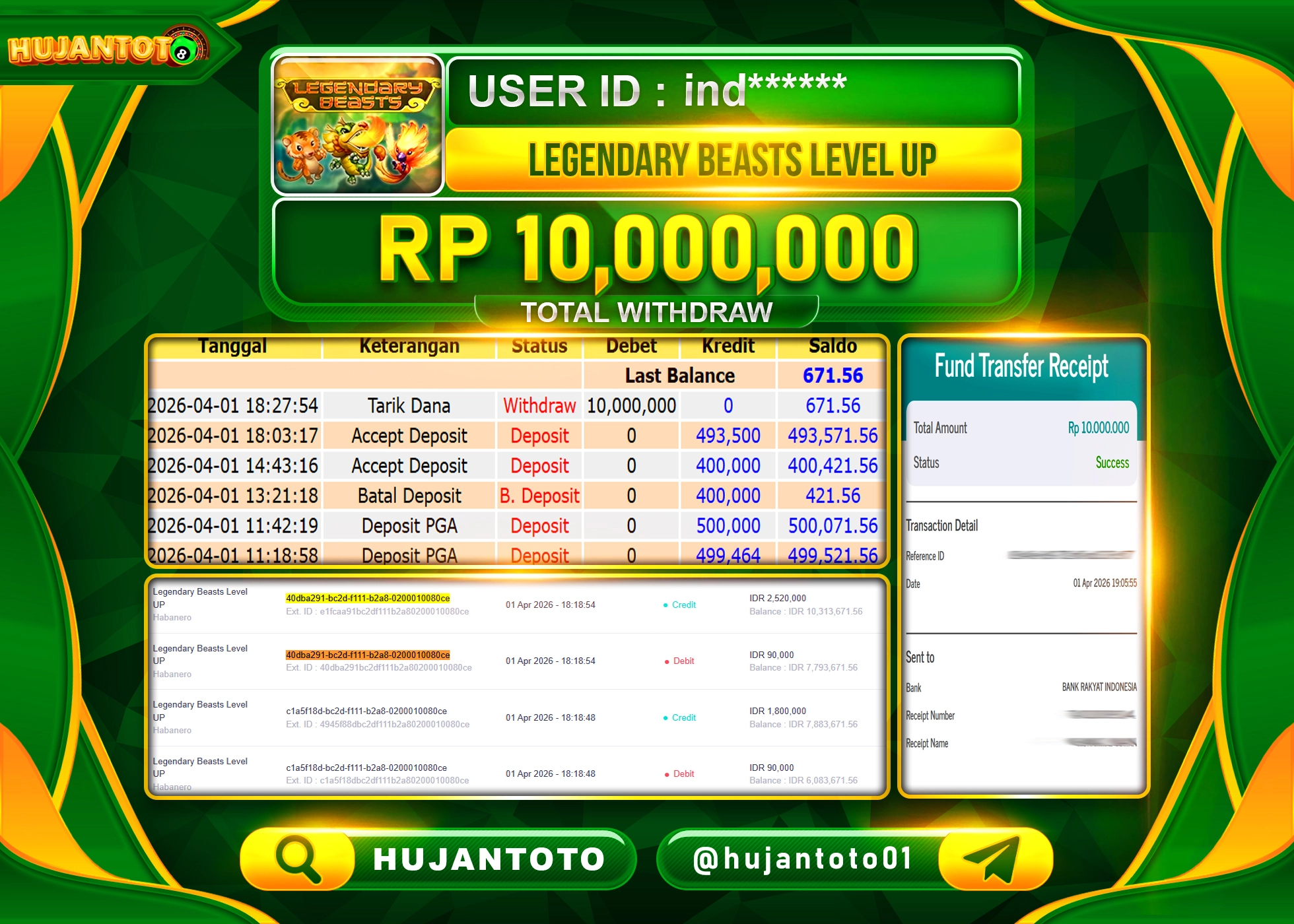 HUJANTOTO - BUKTI JACKPOT MENANG SLOT LEGENDARY BEASTS LEVEL UP Rp.10,000,000 - TERBAYAR LUNAS