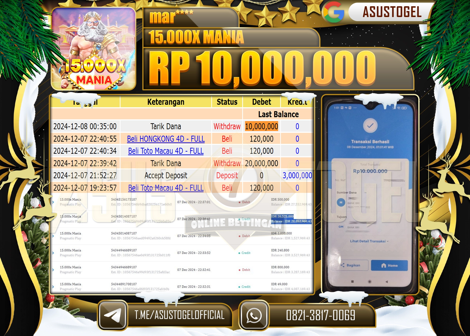 ASUSTOGEL KEMENANGAN DI SLOT MANIA X 15.000   SEBESAR  10,000,000 - RUPIAH LUNAS