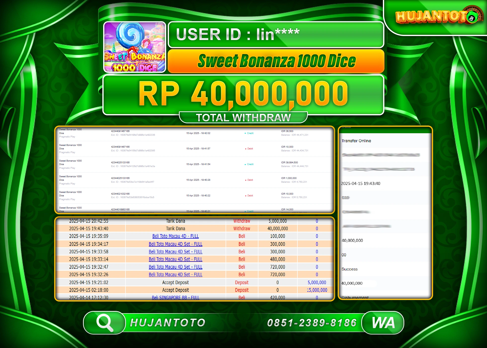 HUJANTOTO - BUKTI JACKPOT MENANG SLOT SWEET BONANZA 1000 DICE Rp,40,000,000 - TERBAYAR LUNAS