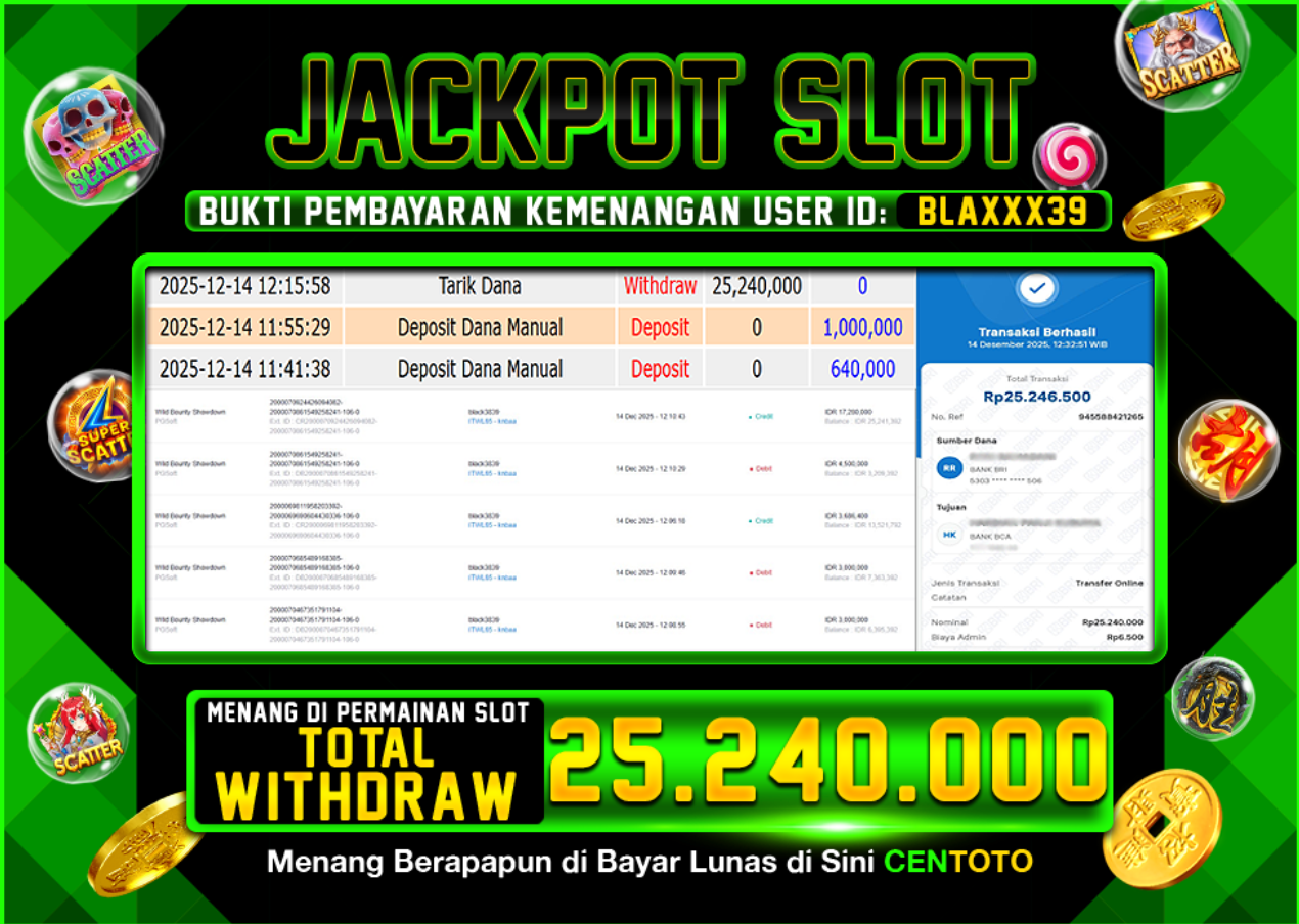 BUKTI JACKPOT SLOT CENTOTO  RP.25.240.000,-LUNAS