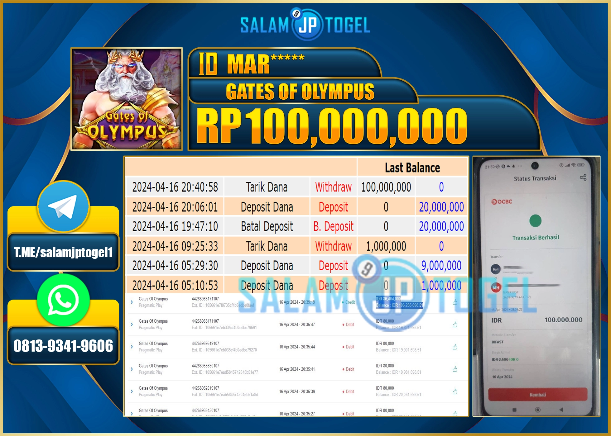 SALAMJPTOGEL JACKPOT SLOT GATES OF OLYMPUS RP.100.000.000.,- LUNAS