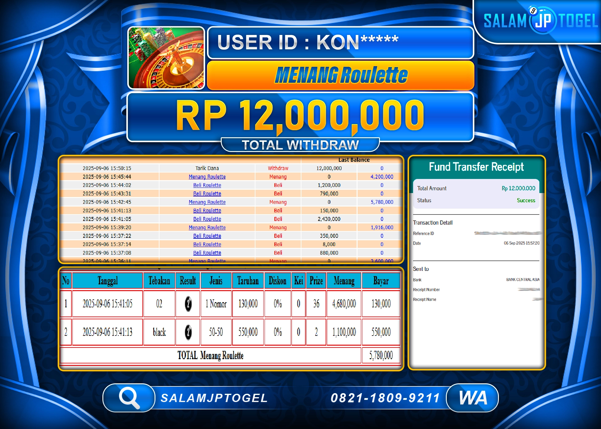 SALAMJPTOGEL MENANG LIVEGAME ROULETTE GAMES  Rp.12,000,000