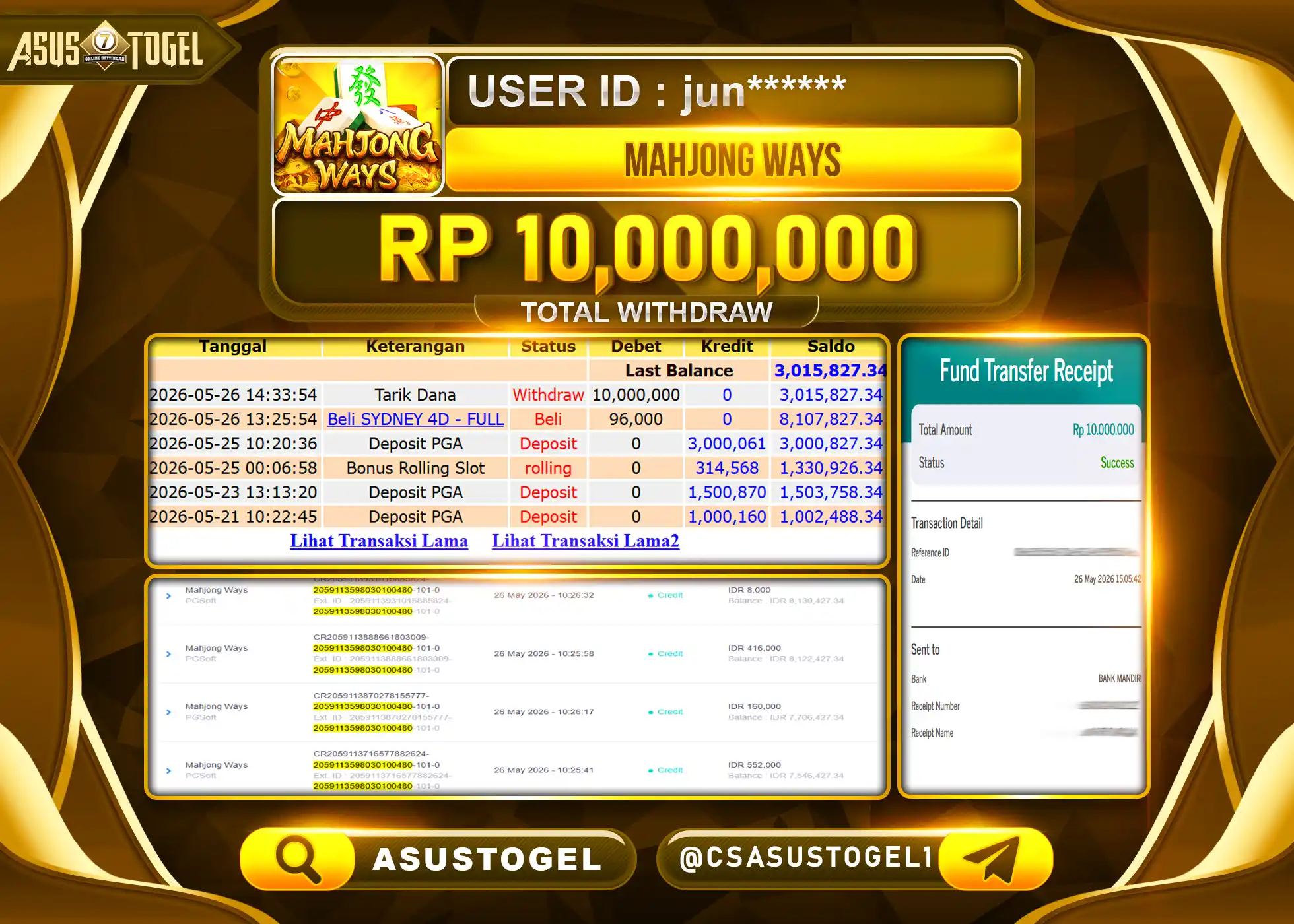 ASUSTOGEL KEMENANGAN JACKPOT PERMAINAN SLOT MAHJONG WAYS Rp.10,000,000 - RUPIAH LUNAS
