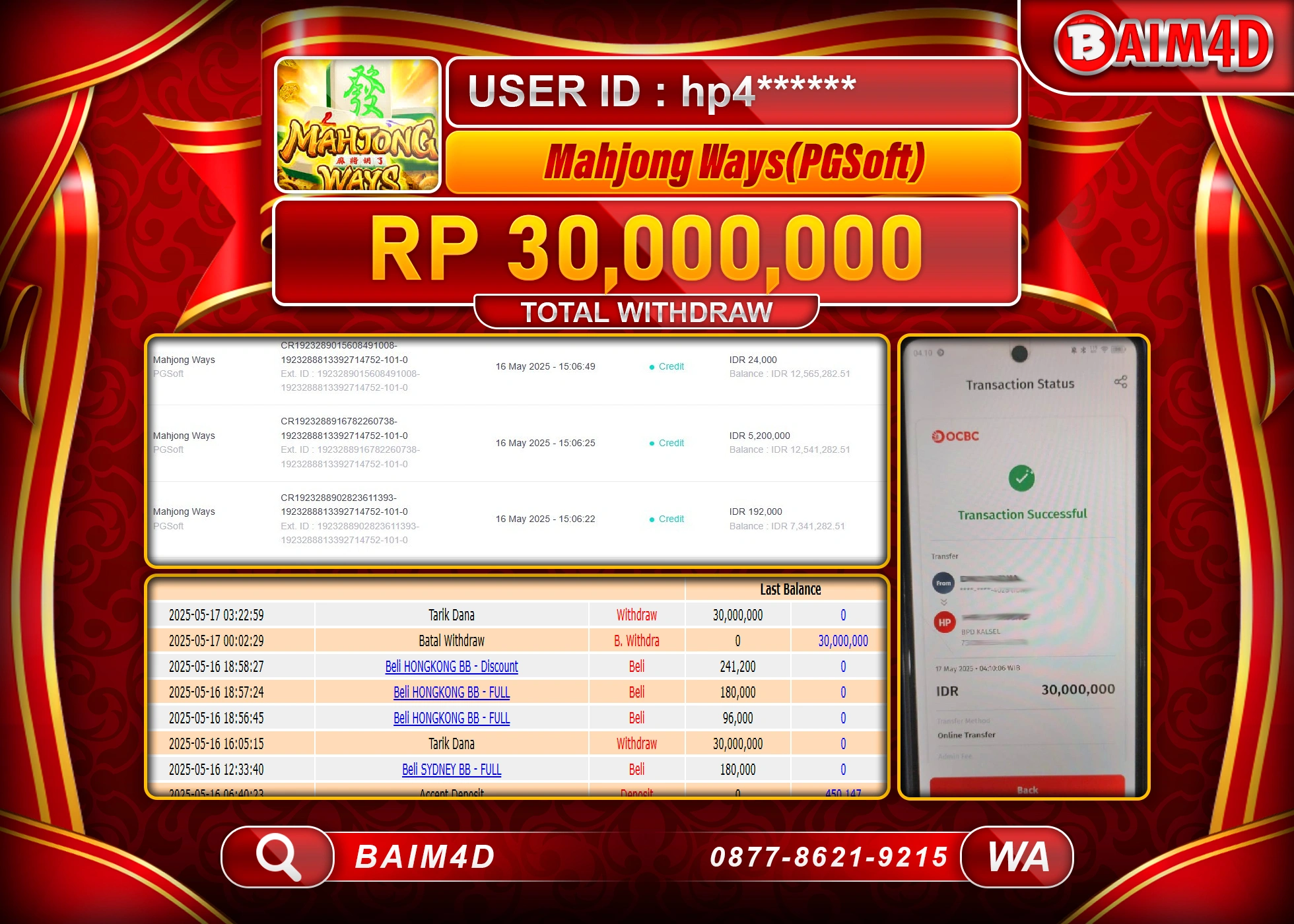 BAIM4D MENANG JACKPOT MAHJONG WAYS  Rp30,000,000 - LUNAS