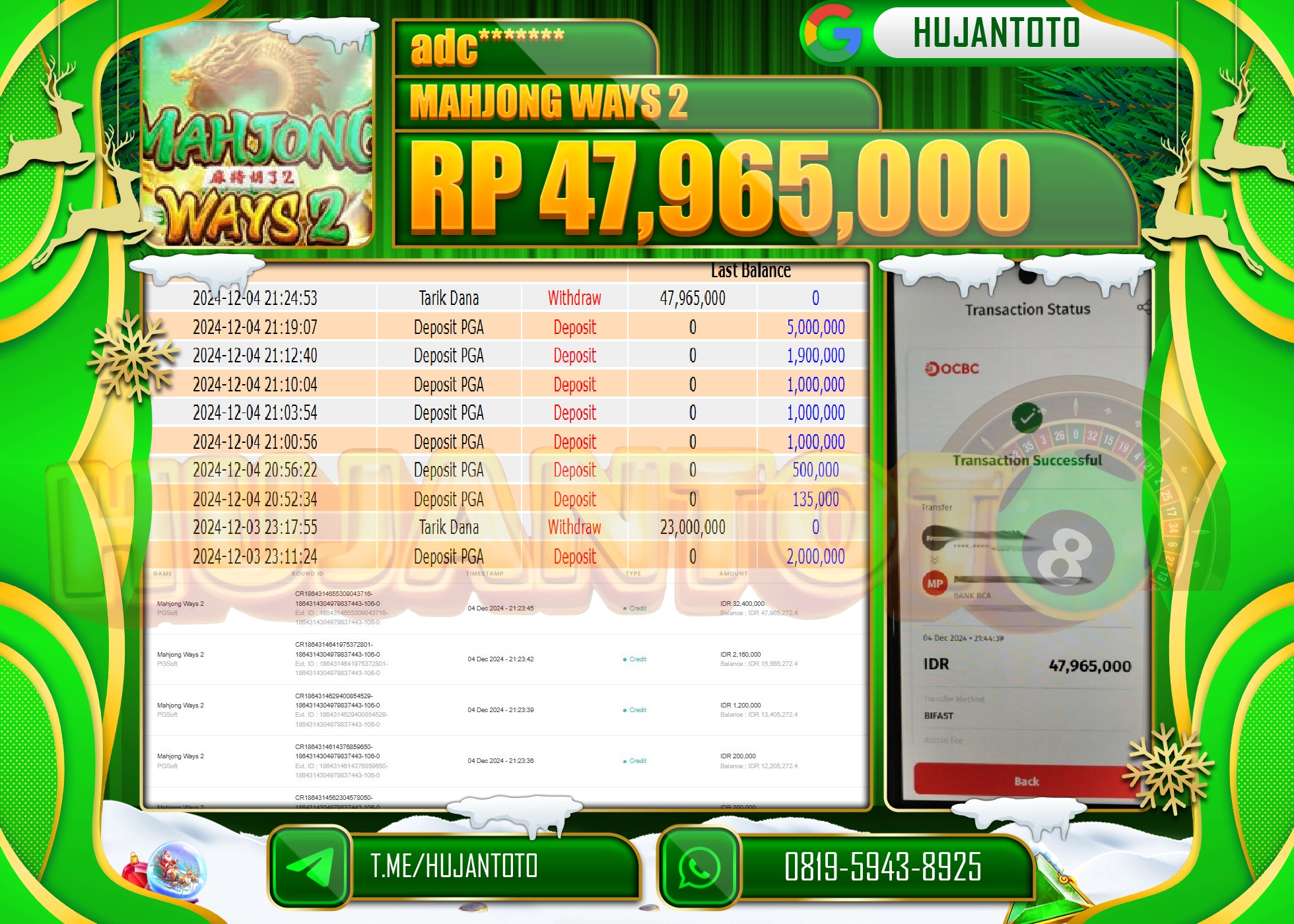 HUJANTOTO ATAS KEMENANGAN BESAR YANG  DI RAIH DI PERMAINAN SLOT MAHJONG WAYS 2, SEBESAR - 47,965,000 -TERBAYAR - LUNAS 