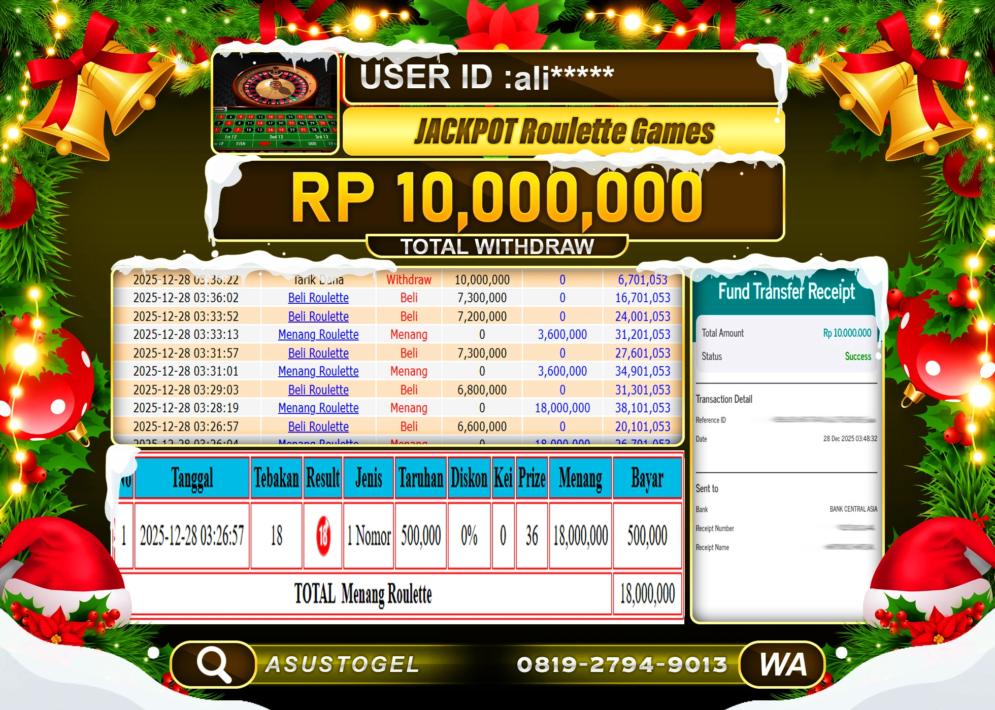 ASUSTOGEL KEMENANGAN DI LIVE ROULETTE GAMES  SEBESAR 10,000,000 - RUPIAH LUNAS