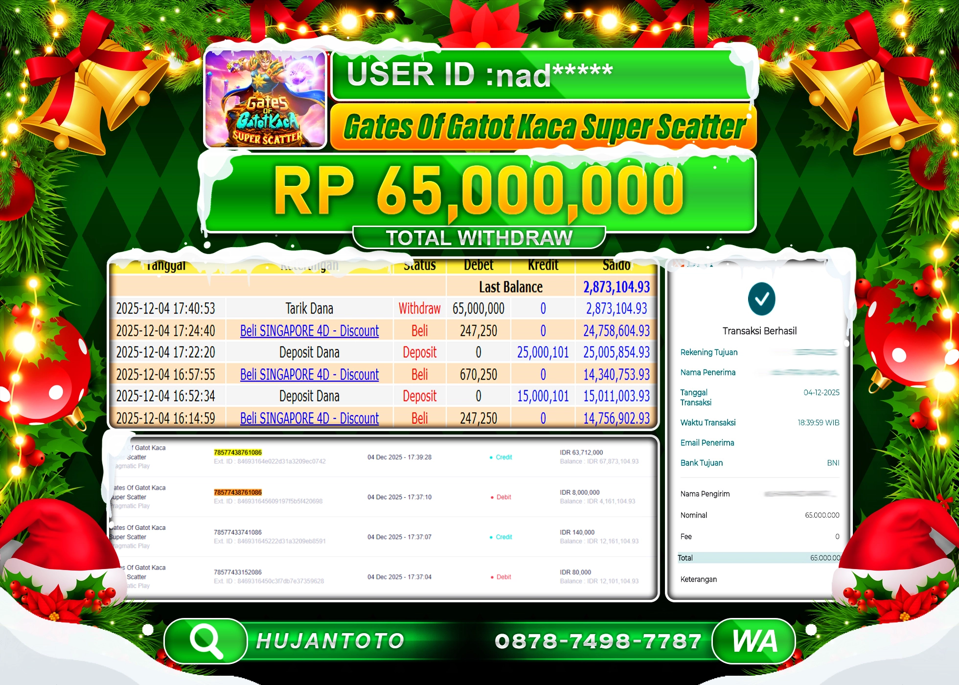 HUJANTOTO - BUKTI JACKPOT MENANG GATES OF GATOT KACA SUPER SCATTER Rp.65,000,000 - TERBAYAR LUNAS