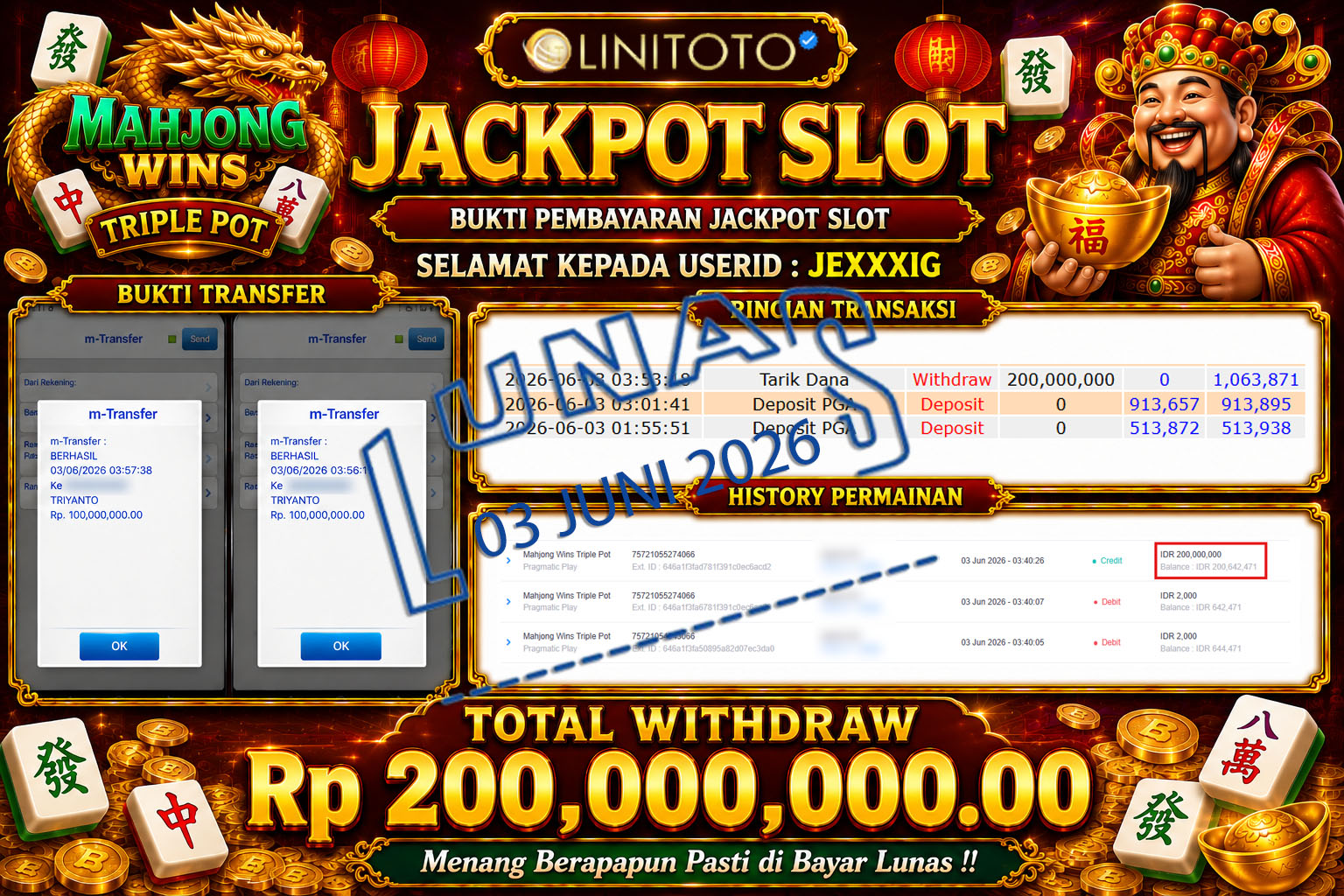 LINITOTO JACKPOT SLOT Mahjong Wins Triple Pot Rp.200,000,000 - LUNAS