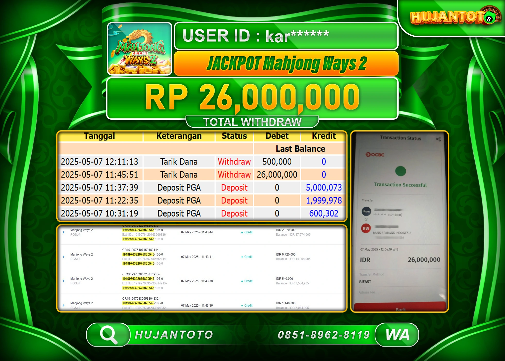 HUJANTOTO - BUKTI JACKPOT MENANG SLOT MAHJONG WAYS 2 Rp,26,000,000  - TERBAYAR LUNAS