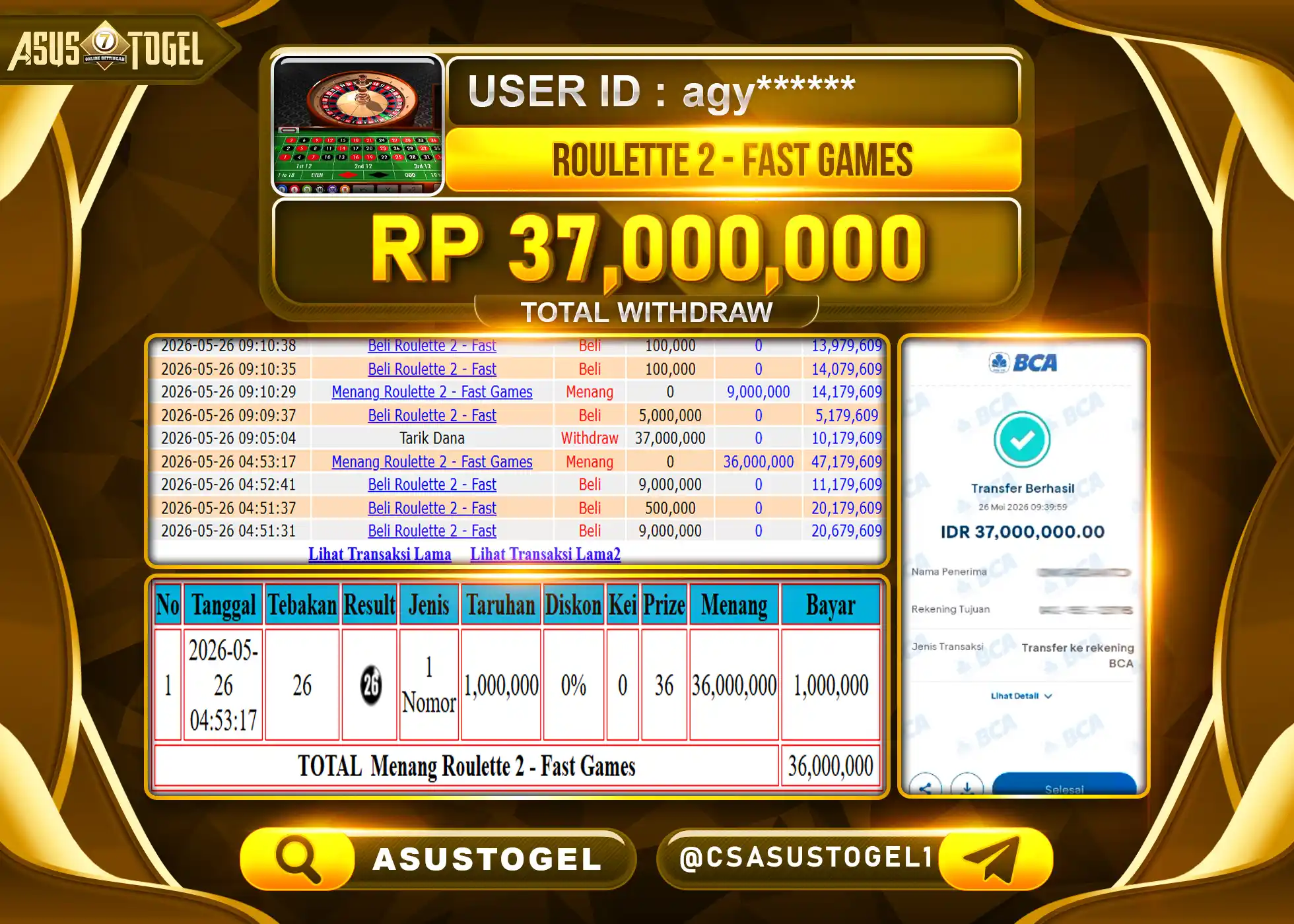 ASUSTOGEL KEMENANGAN JACKPOT LIVEGAMES ROULETTE 2 FAST SPIN Rp.37,000,000 - RUPIAH LUNAS