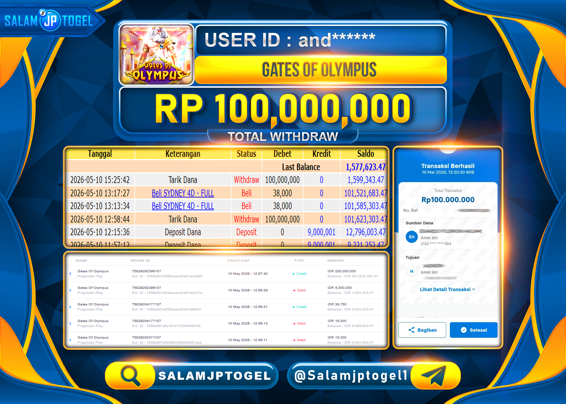 SALAMJPTOGEL JACKPOT Gates Of Olympus (Pragmatic Play) Rp.100,000,000- LUNAS