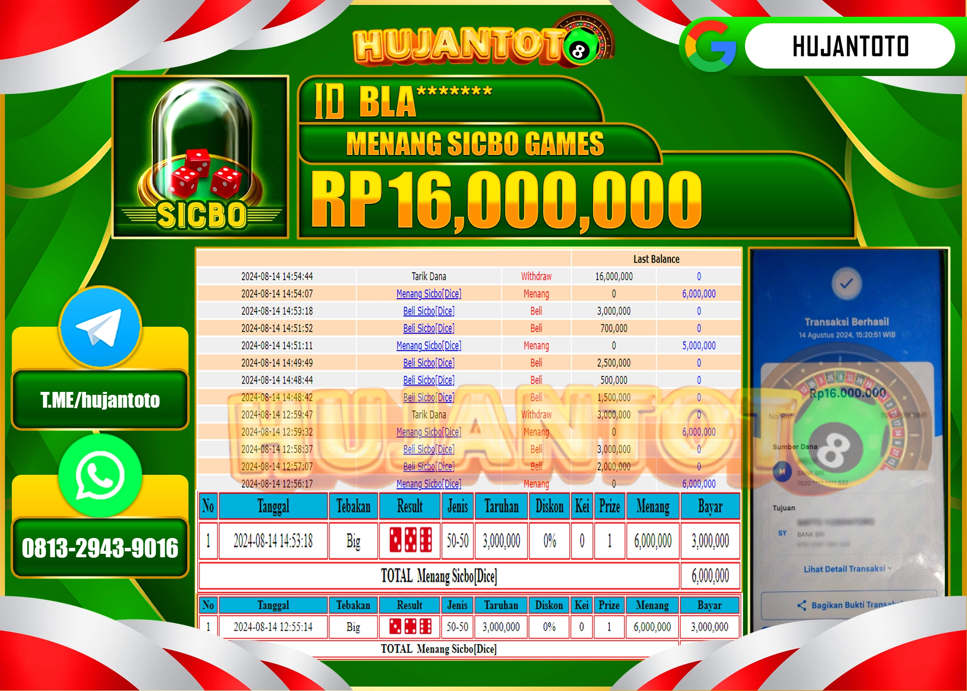 HUJANTOTO MENANG BESAR DI PERMAINAN LIVE GAME SICBO GAMES 16.000.000  - LUNAS 