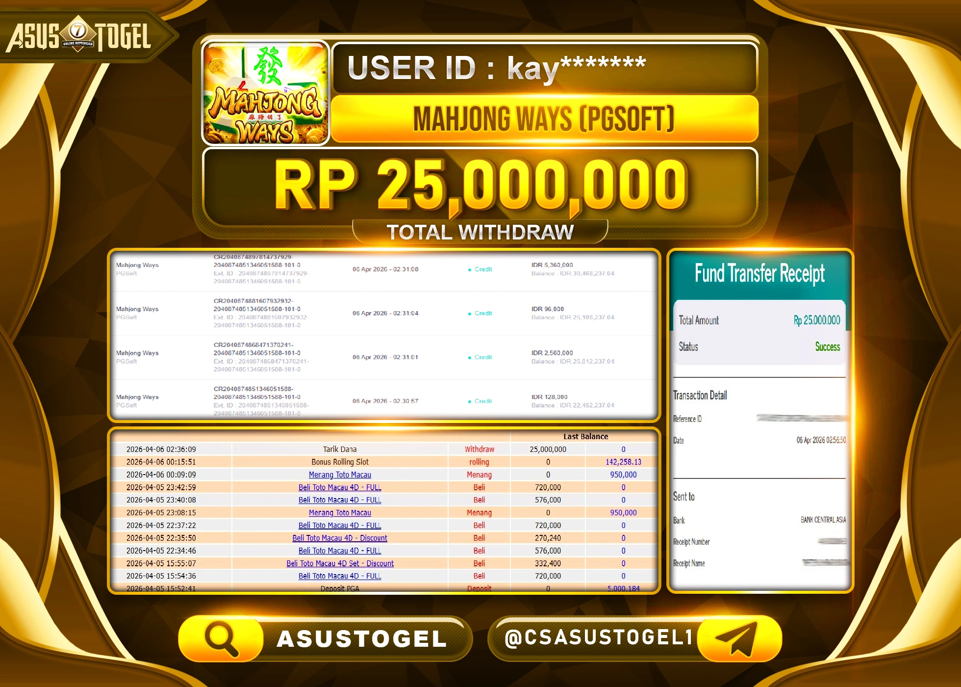 ASUSTOGEL KEMENANGAN JACKPOT DI PERMAINAN MAHJONG WAYS PG SOFT SEBESAR Rp.25,000,000 - RUPIAH LUNAS