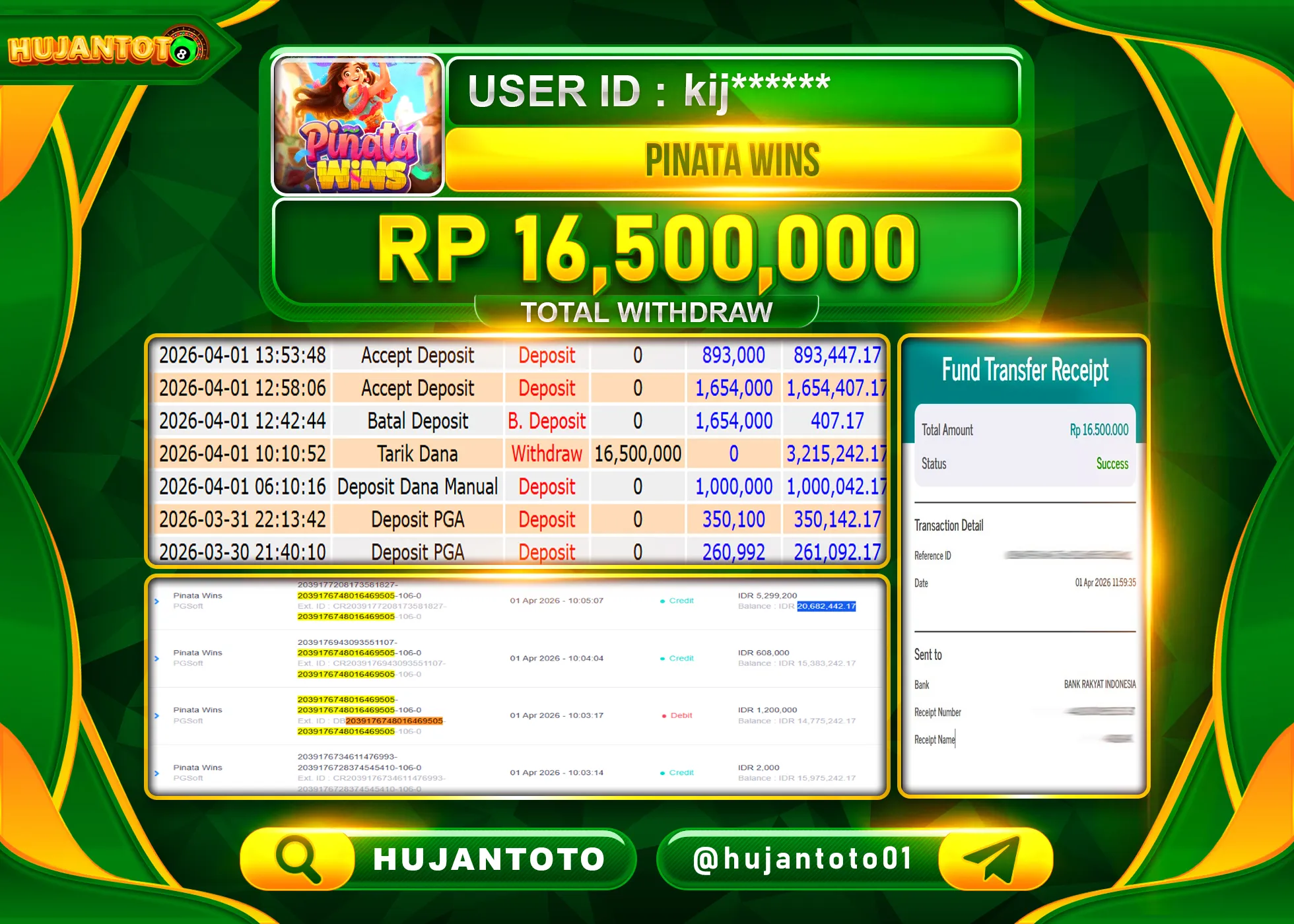 HUJANTOTO - BUKTI JACKPOT MENANG SLOT PINATA WINS PG SOFT Rp.16,500,000 - TERBAYAR LUNAS