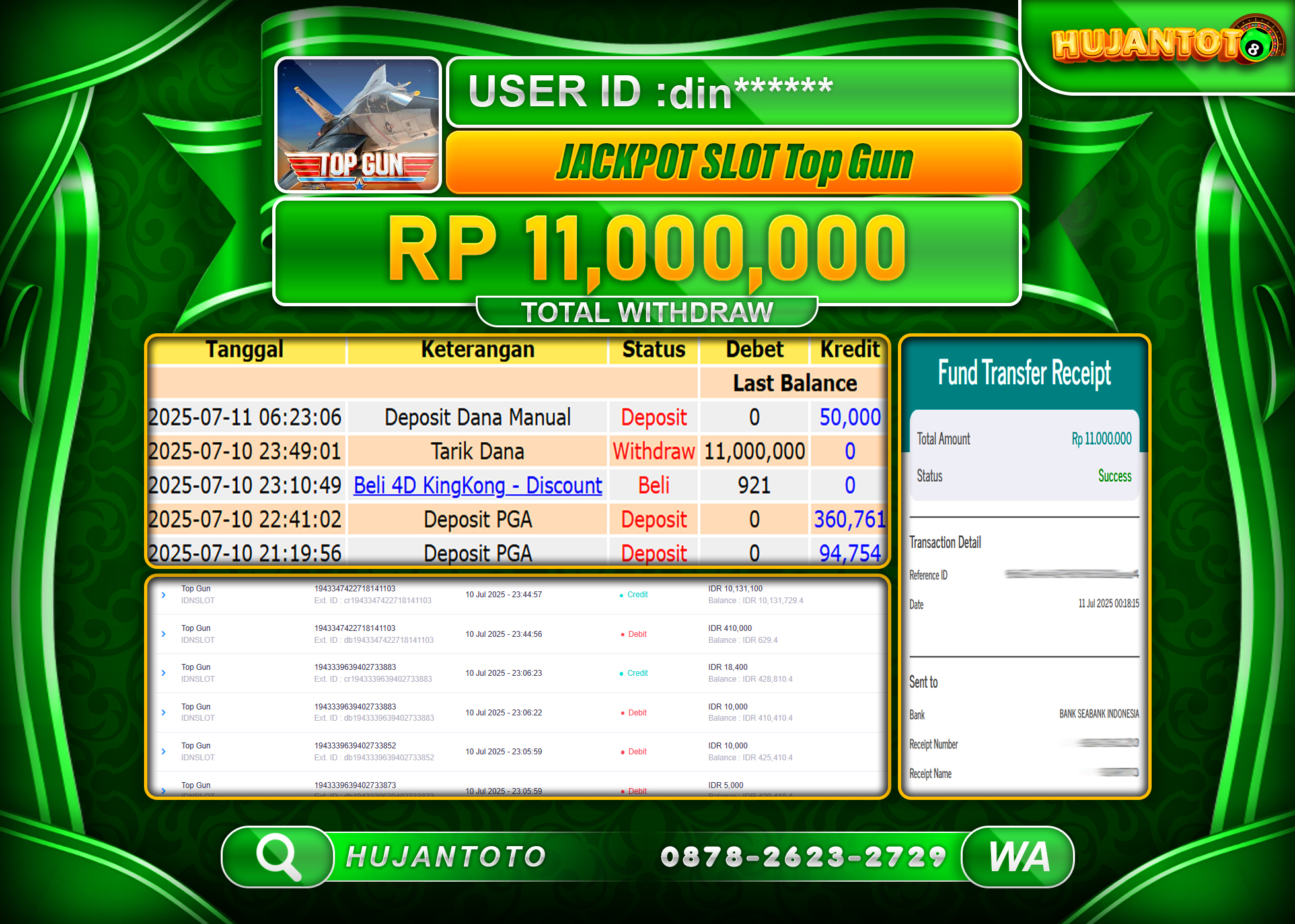   HUJANTOTO - BUKTI JACKPOT MENANG DI SLOT TOP GUN PG SOFT  Rp.11,000,000  - TERBAYAR LUNAS