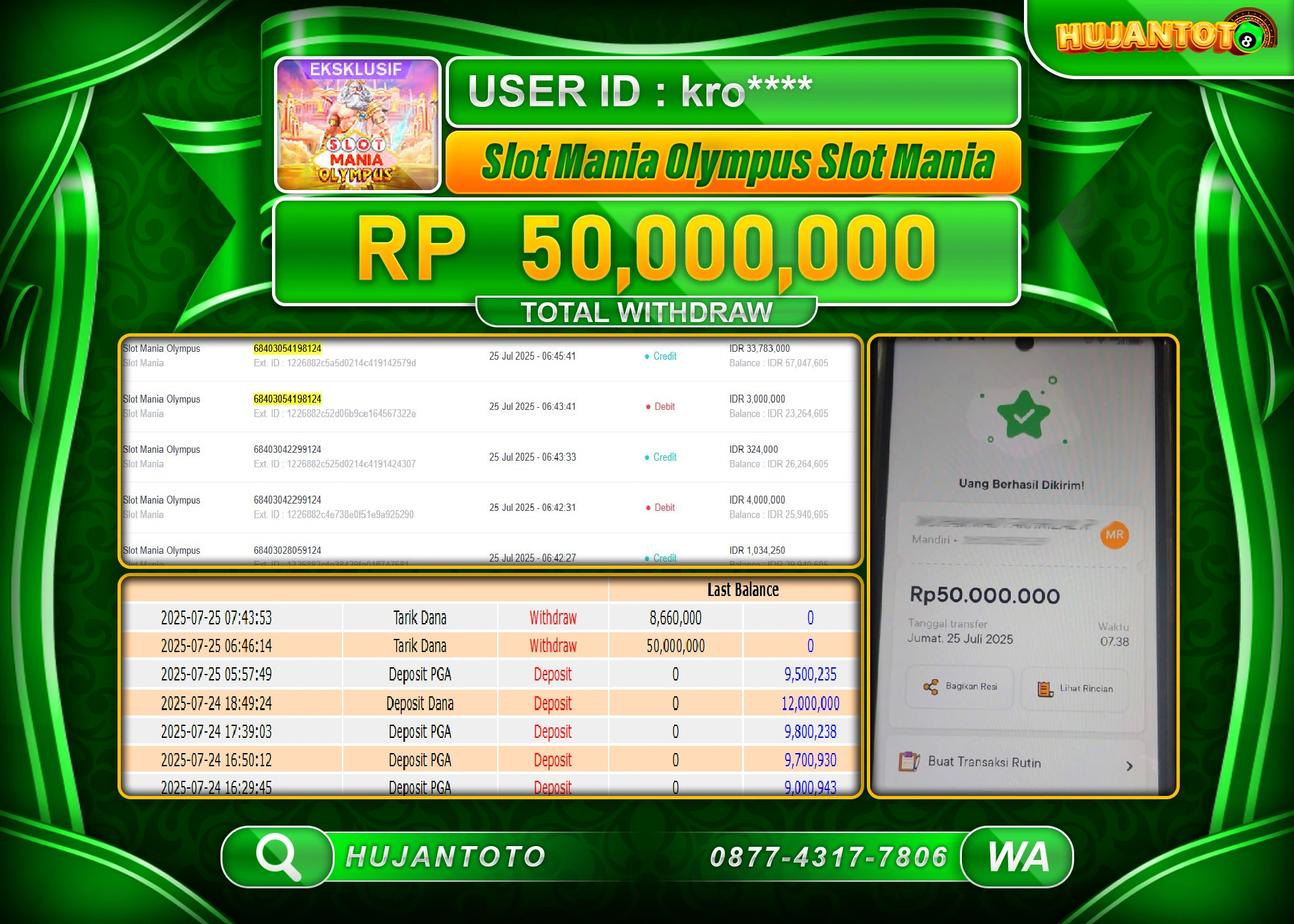 HUJANTOTO - BUKTI JACKPOT MENANG SLOT SLOT MANIA  OLYMPUS Rp.50,000,000 - TERBAYAR LUNAS