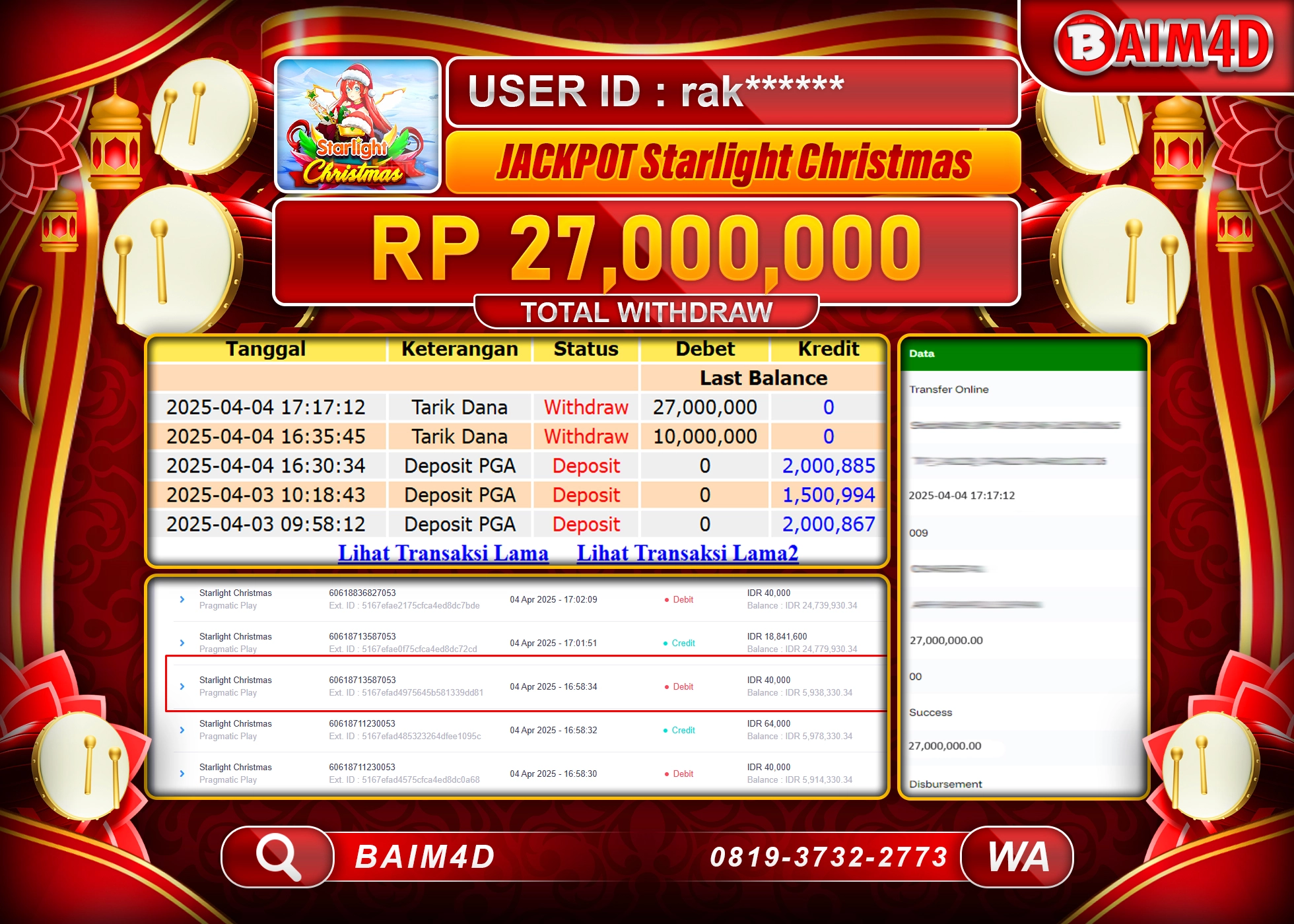 BAIM4D  MENANG JACKPOT STARLIGHT CHRISTMAS  Rp.27.000,000.- LUNAS