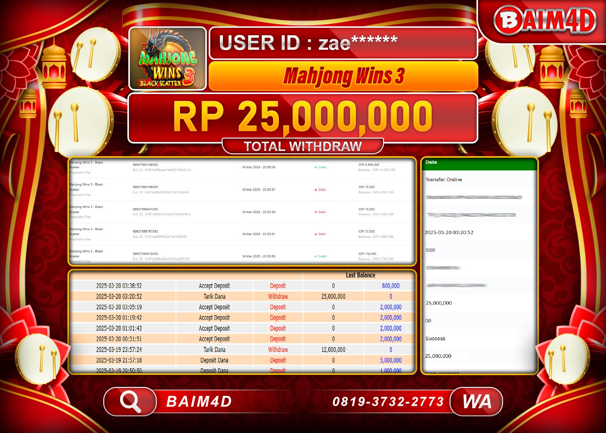 BAIM4D MENANG  MAHJONG WINS3 Rp.25.000,000.- LUNAS