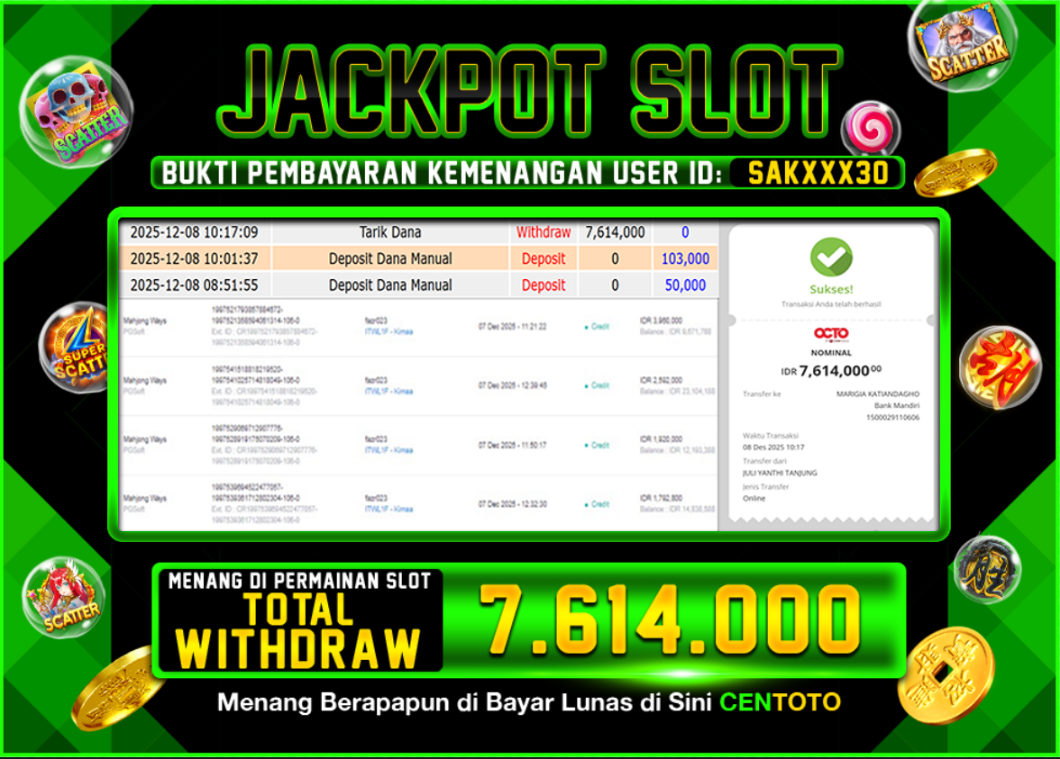BUKTI JACKPOT SLOT CENTOTO  RP.7.614.000,-LUNAS