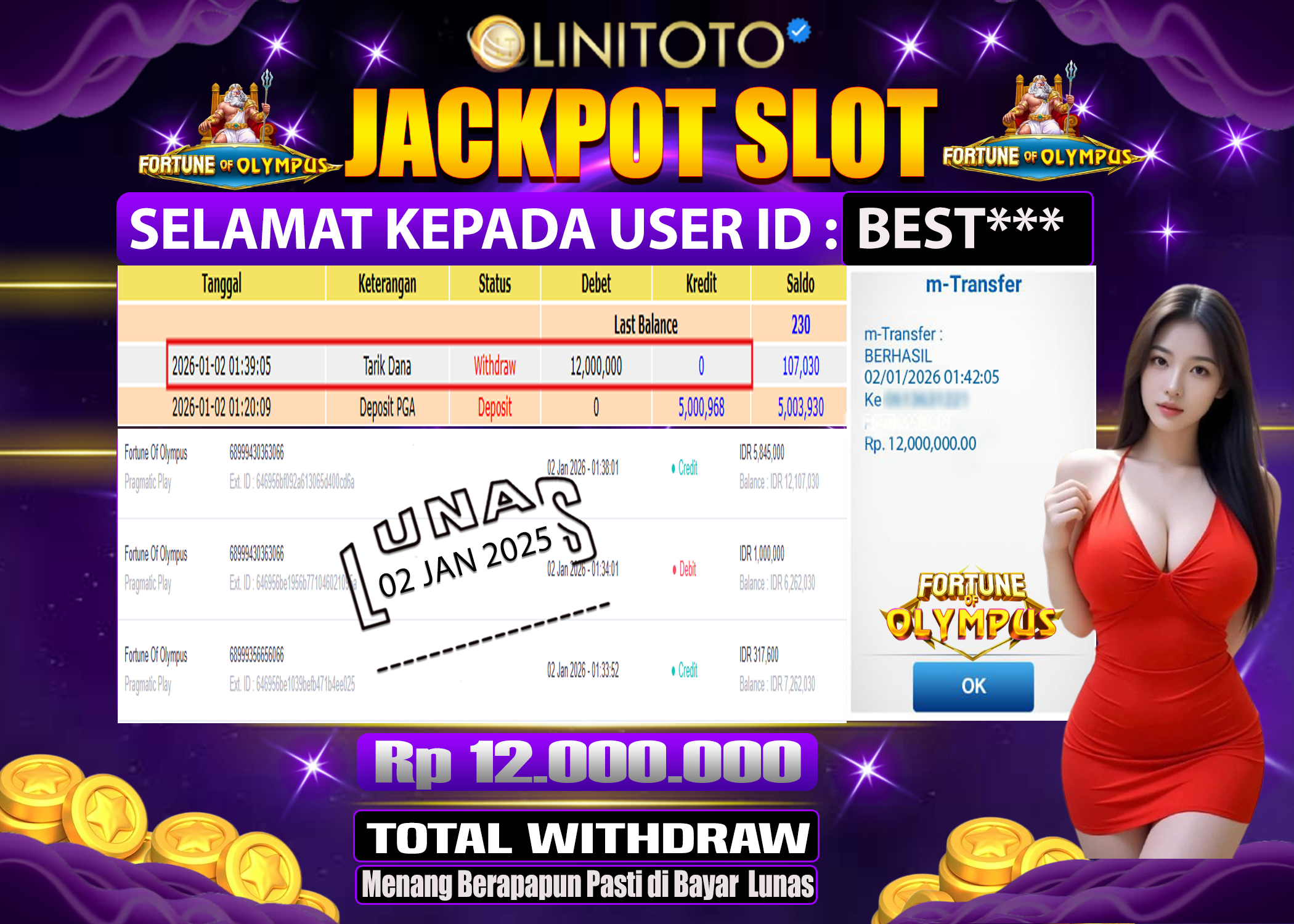 LINITOTO JACKPOT SLOT Fortune Of Olympus Rp.12,000,000 - LUNAS