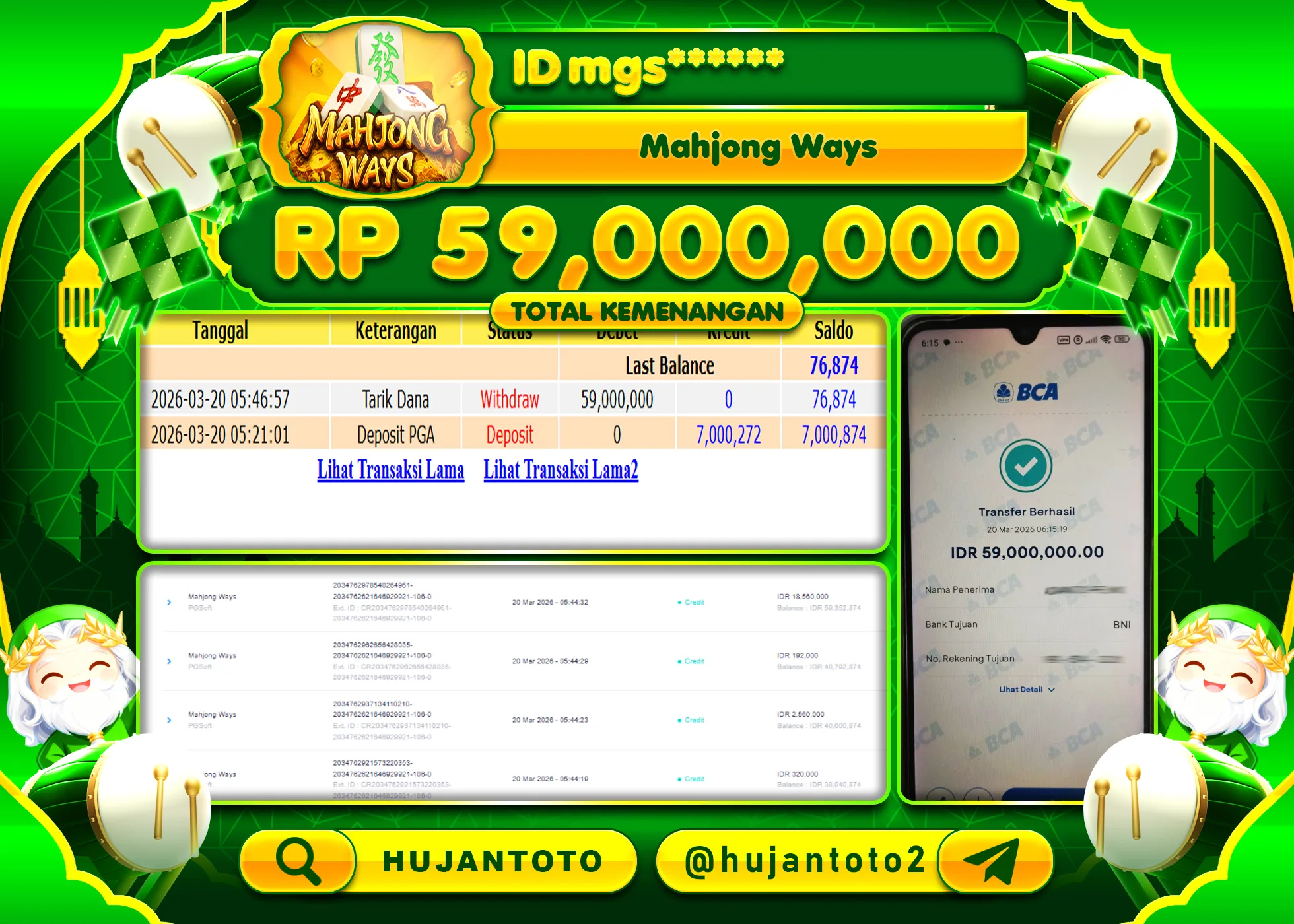 HUJANTOTO - BUKTI JACKPOT MENANG SLOT MAHJONG WAYS   Rp.59,000,000 - TERBAYAR LUNAS