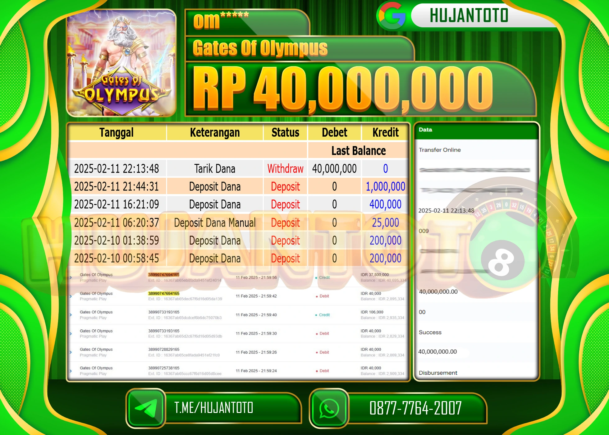 HUJANTOTO - BUKTI JACKPOT MENANG SLOT GATES OF OLYMPUS Rp,40,000,000  - TERBAYAR LUNAS