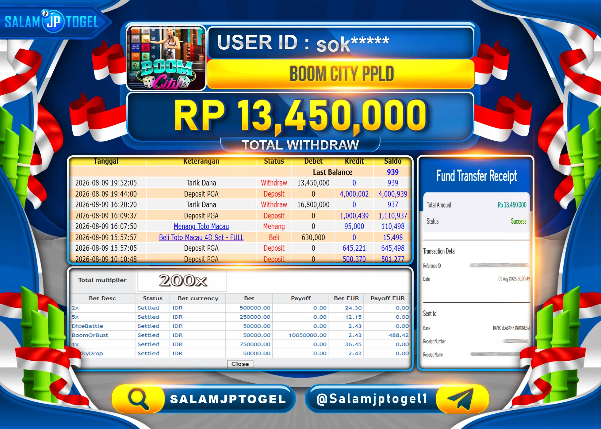 SALAMJPTOGEL JACKPOT MENANG BOOM CITY PPLD LIVE GAMES  Rp.13,450,000 - LUNAS
