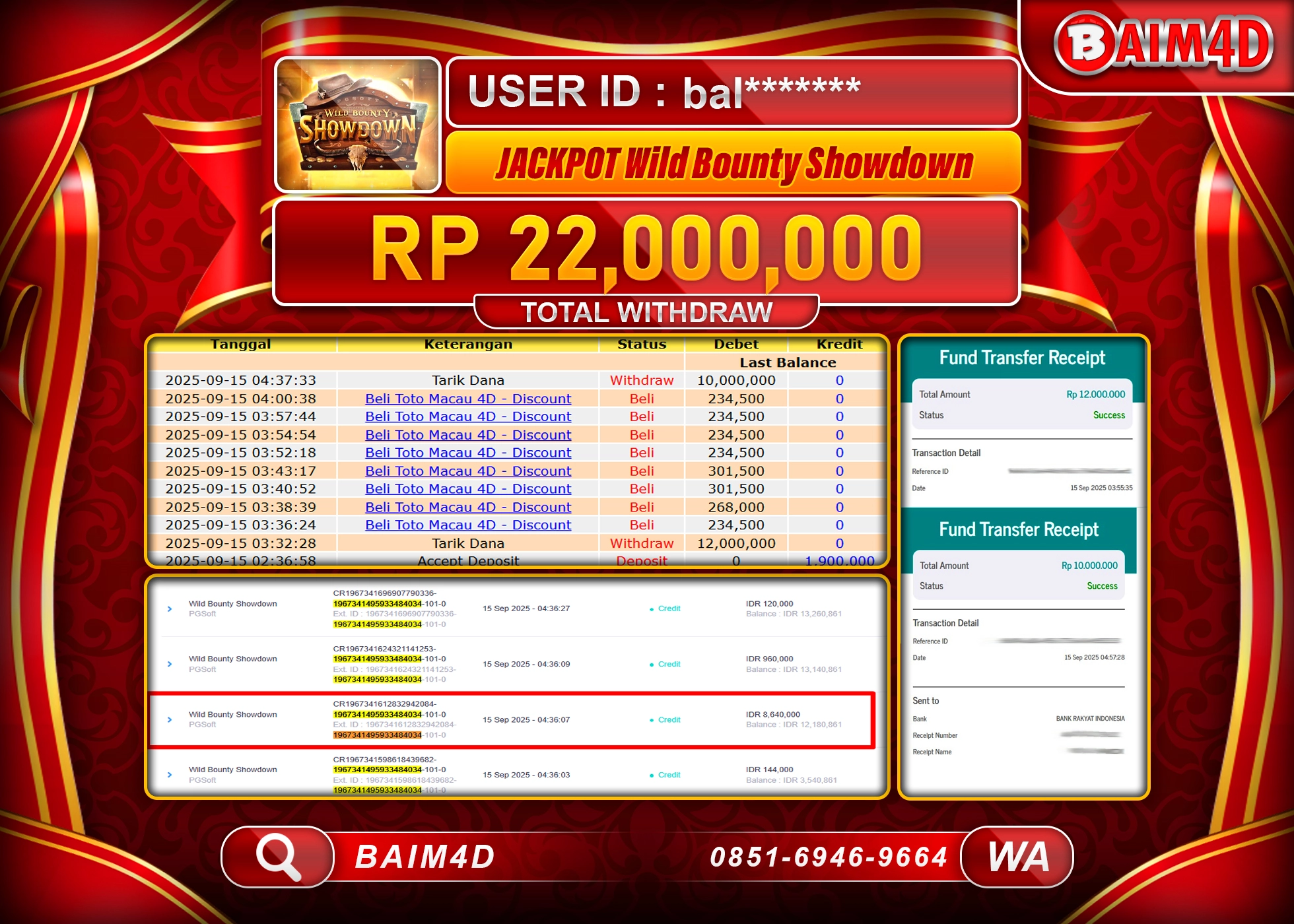 BAIM4D JACKPOT SLOT WILD BOUNTY SHOWDOWN Rp.22,000,000.- LUNAS