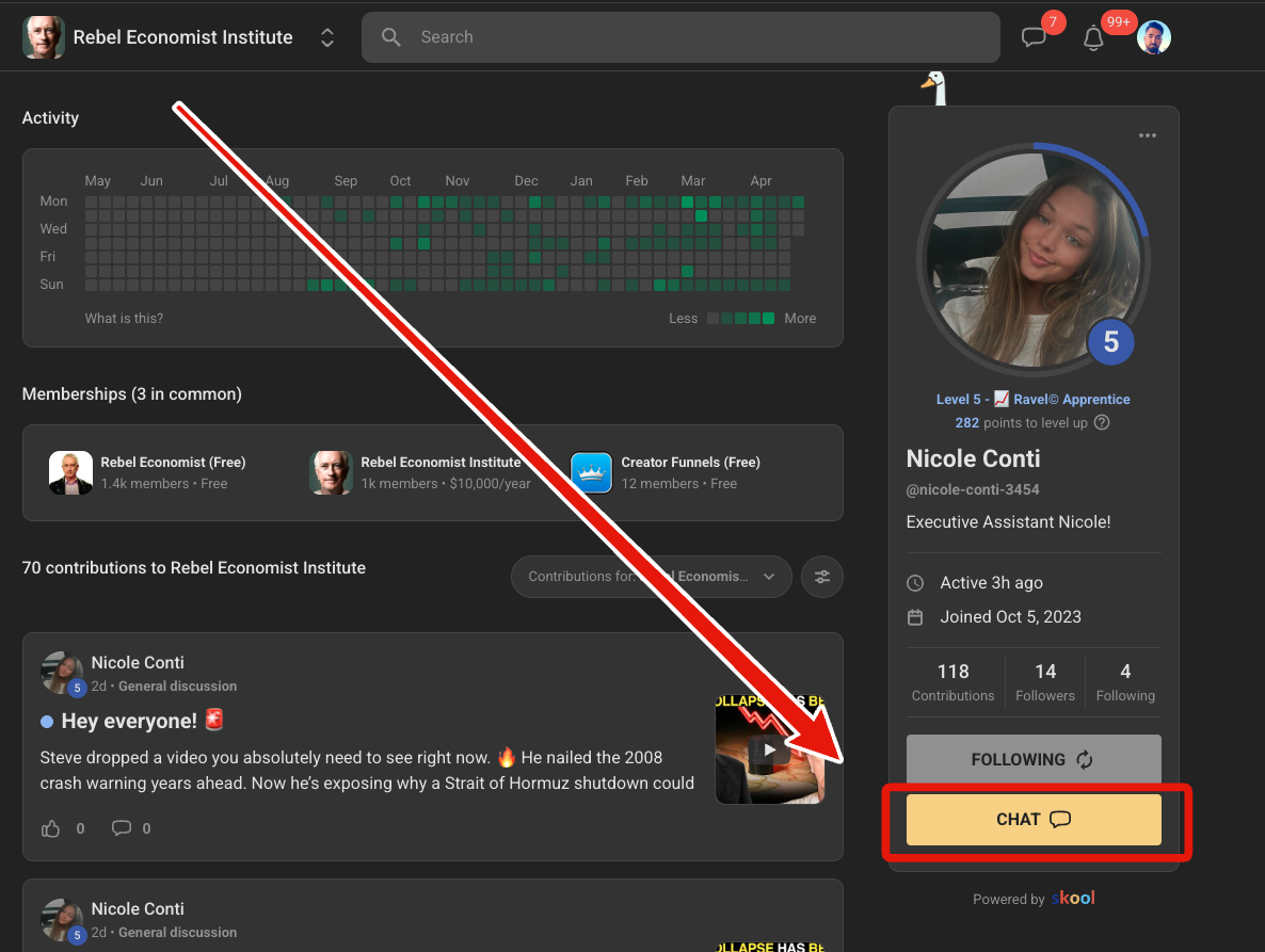 Nicole's Skool profile with yellow Chat button highlighted