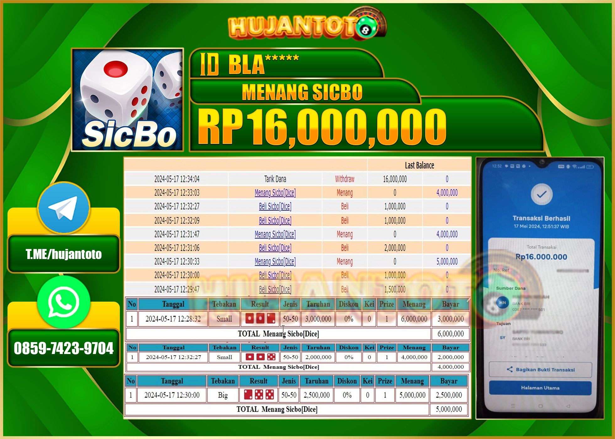 HUJANTOTO MENANG LIVE GAME CASINO SICBO 16.000.000 - LUNAS 