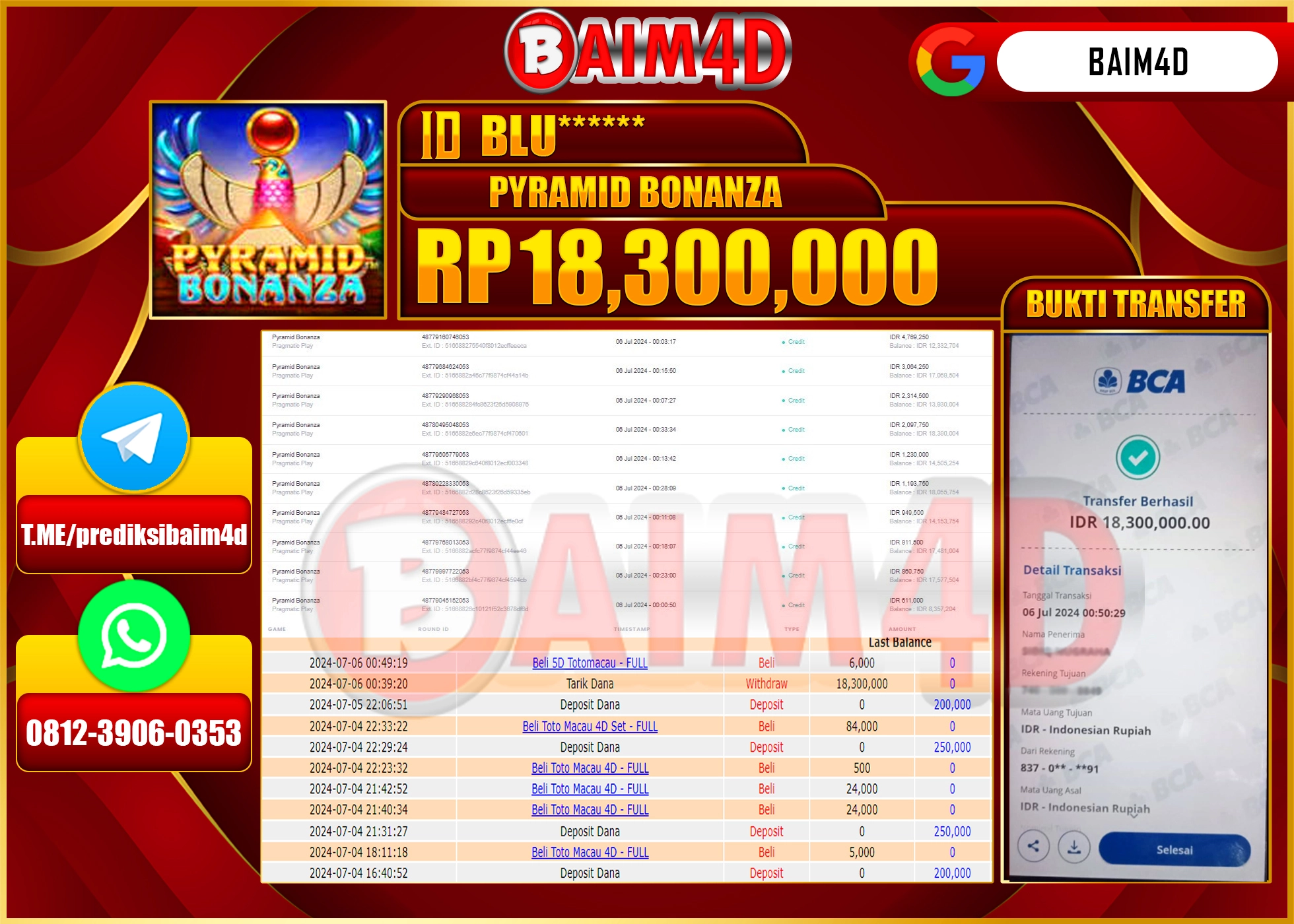 BAIM4D JACKPOT PYRAMID BONANZA  Rp.18.300,000.- LUNAS