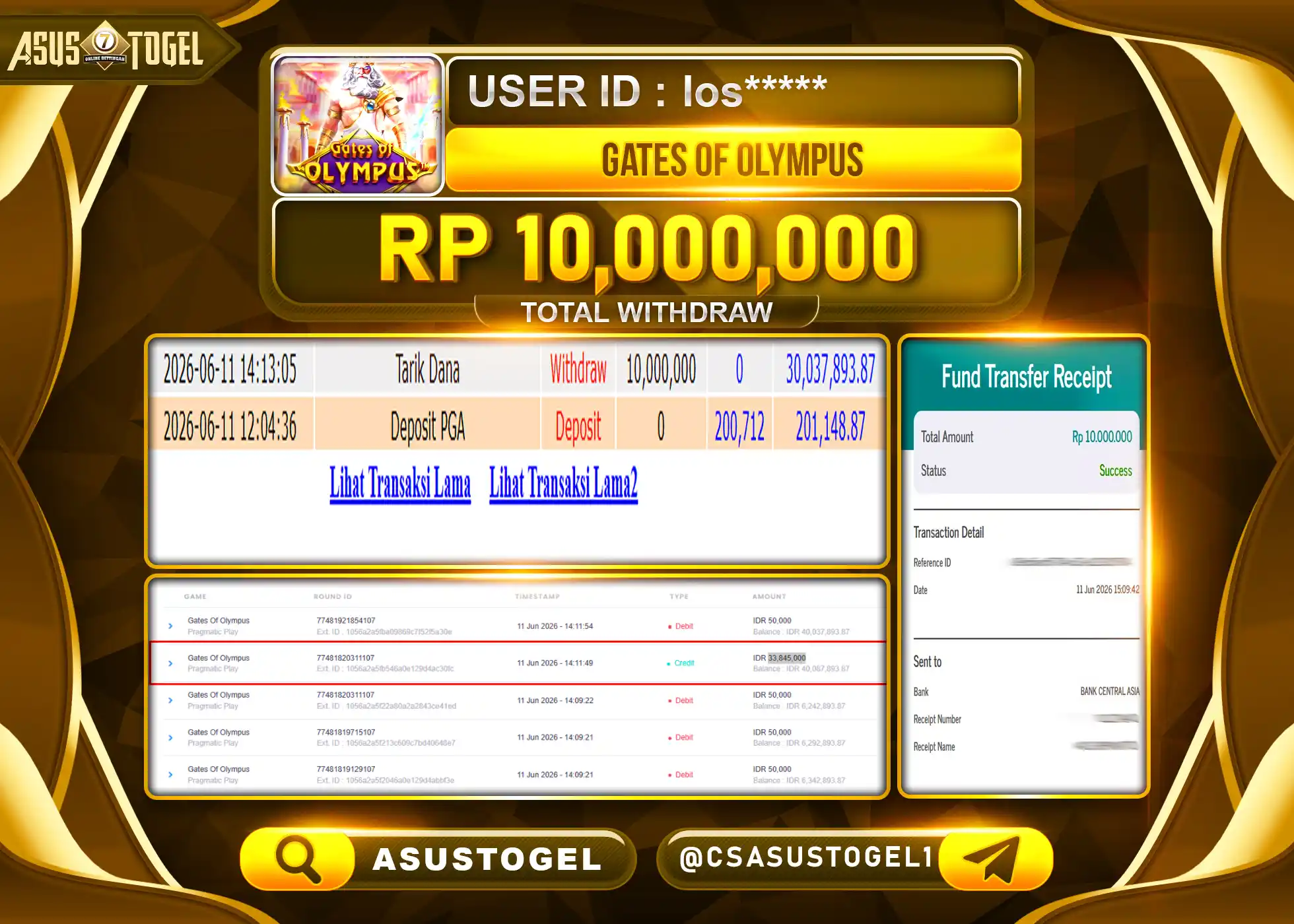 ASUSTOGEL KEMENANGAN JACKPOT PERMAINAN SLOT GATES OF OLYMPUS Rp.10,000,000 - RUPIAH LUNAS