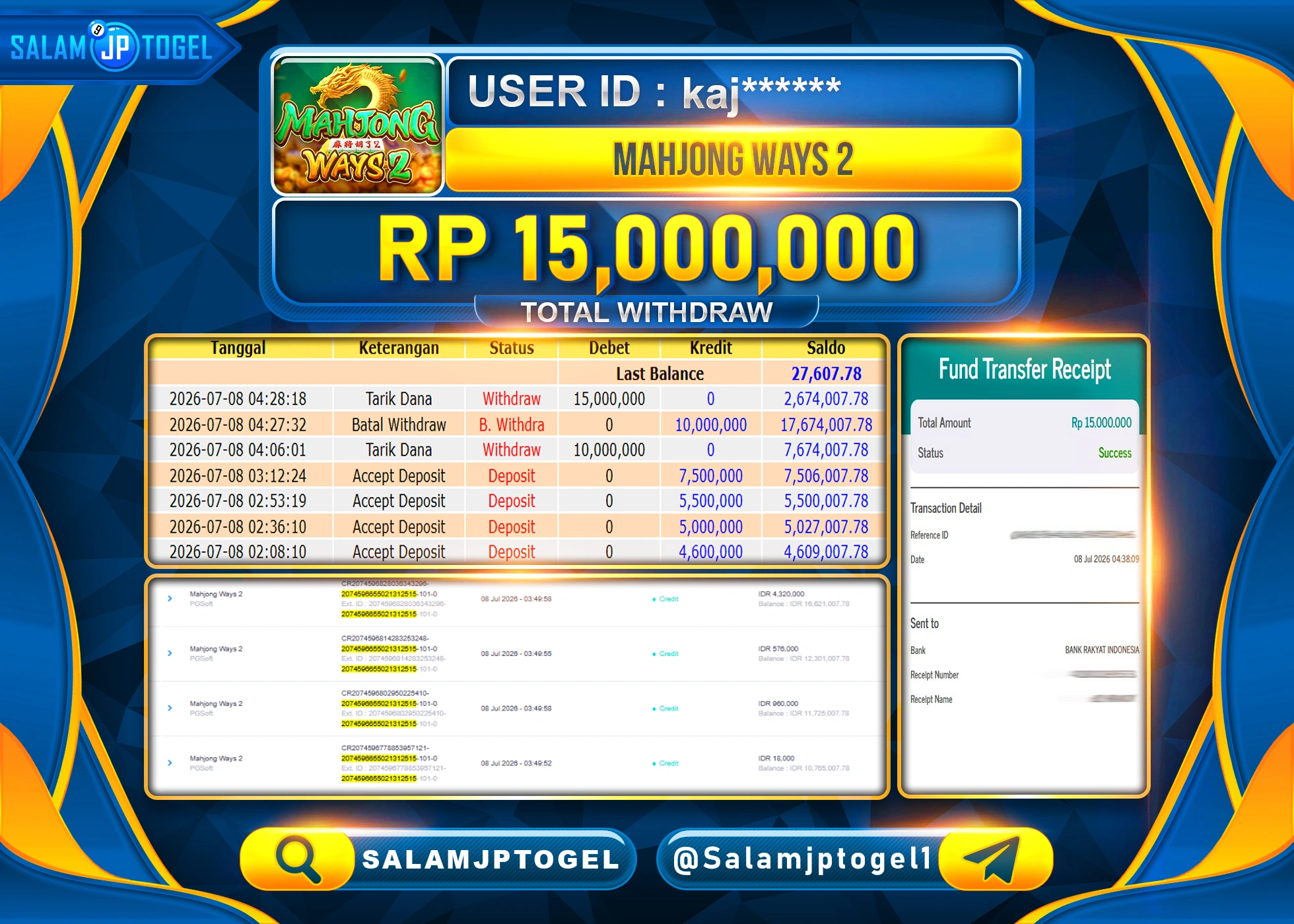 SALAMJPTOGEL JACKPOT MENANG SLOT MAHJONG WAYS 2 PG SOFT Rp.15,000,000 - LUNAS