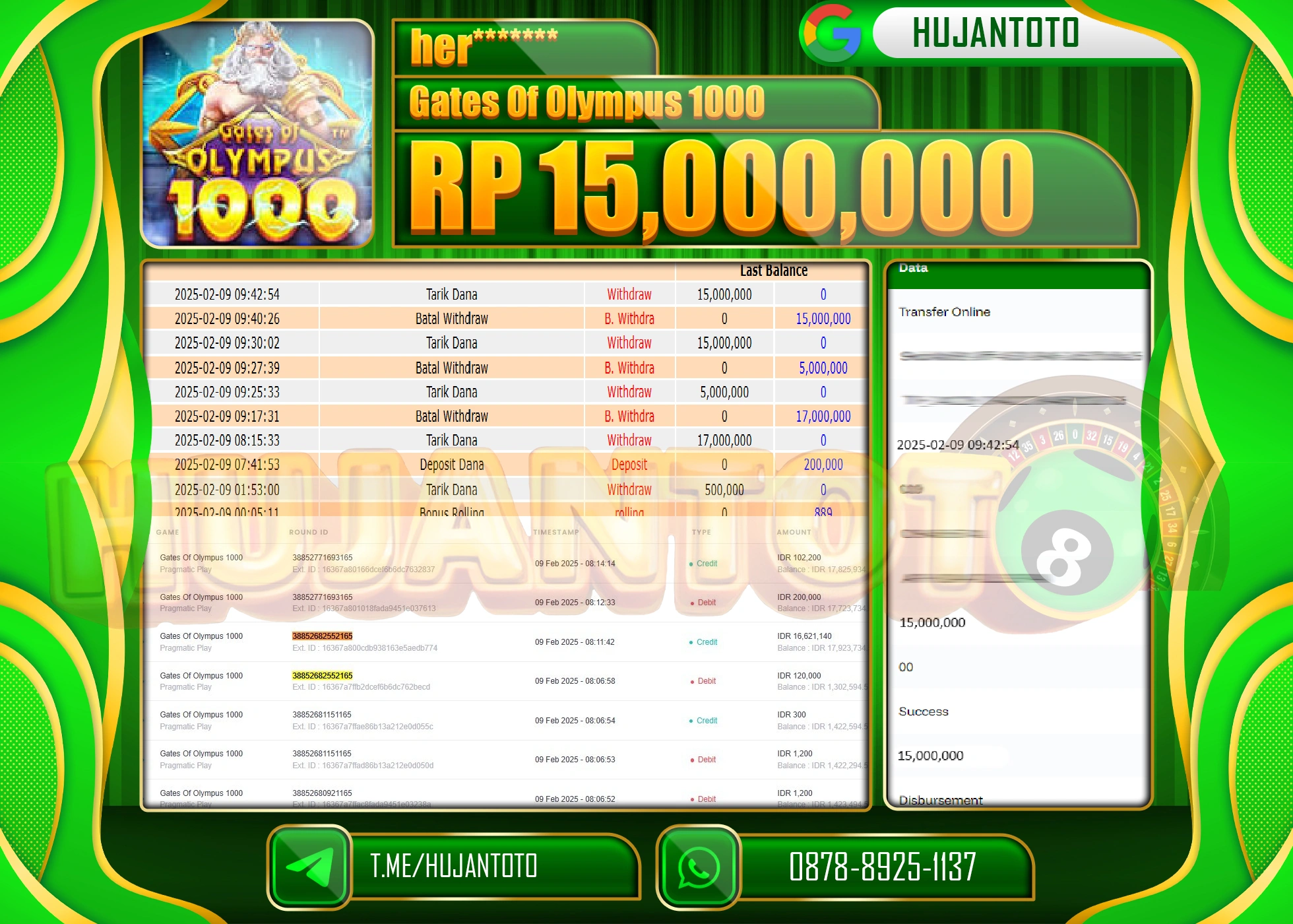 HUJANTOTO - BUKTI JACKPOT MENANG SLOT GATES OF OLYMPUS 1000 Rp, 15,000,000 - TERBAYAR LUNAS