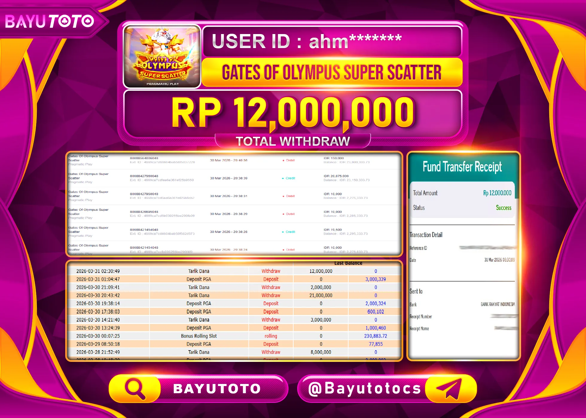 MEMBER SETIA BAYUTOTO JACKPOT DI SLOT GATES OF OLYMPUS SUPER SCATTER Rp. 12,000,000 LUNAS