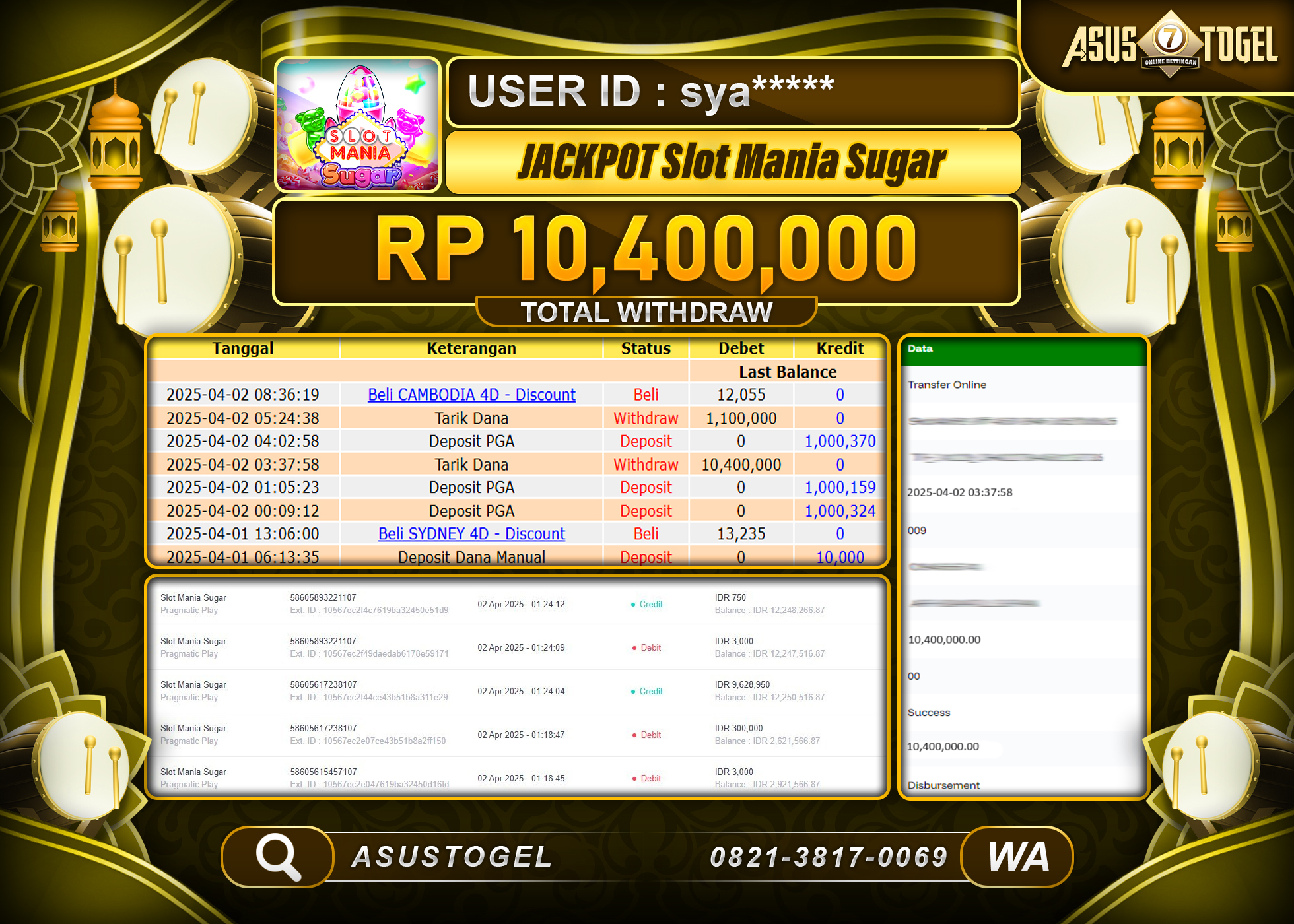 ASUSTOGEL KEMENANGAN DI SLOT MANIA SUGAR GAMES SEBESAR 10,400,000- RUPIAH LUNAS