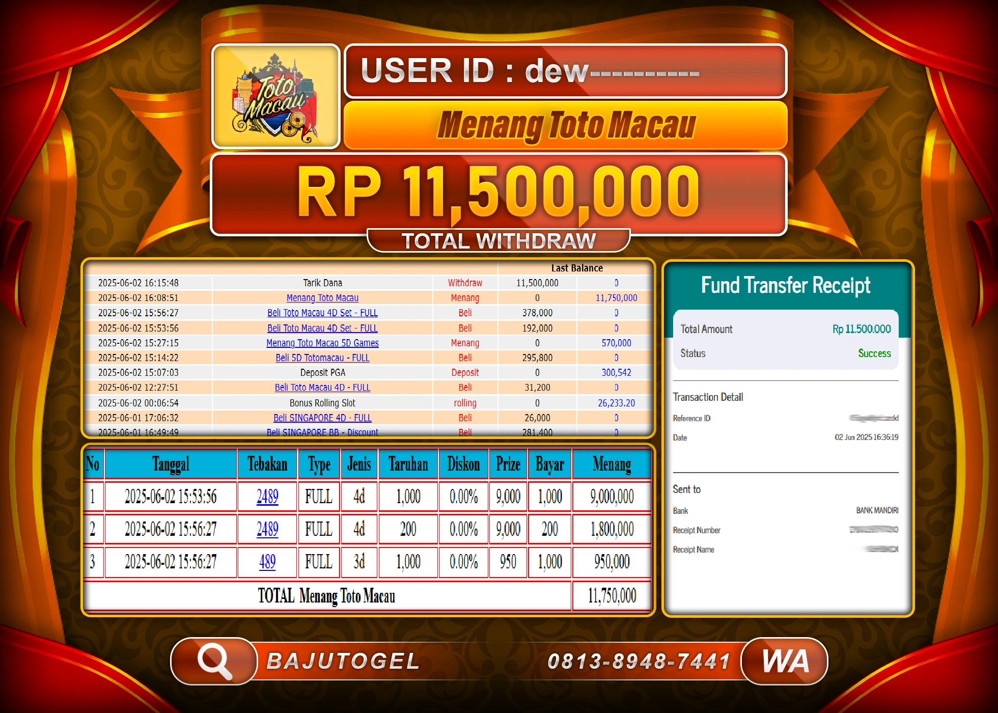 BAJUTOGEL KEMENANGAN TOGEL TOTO MACAU  Rp.11.500.000 LUNAS