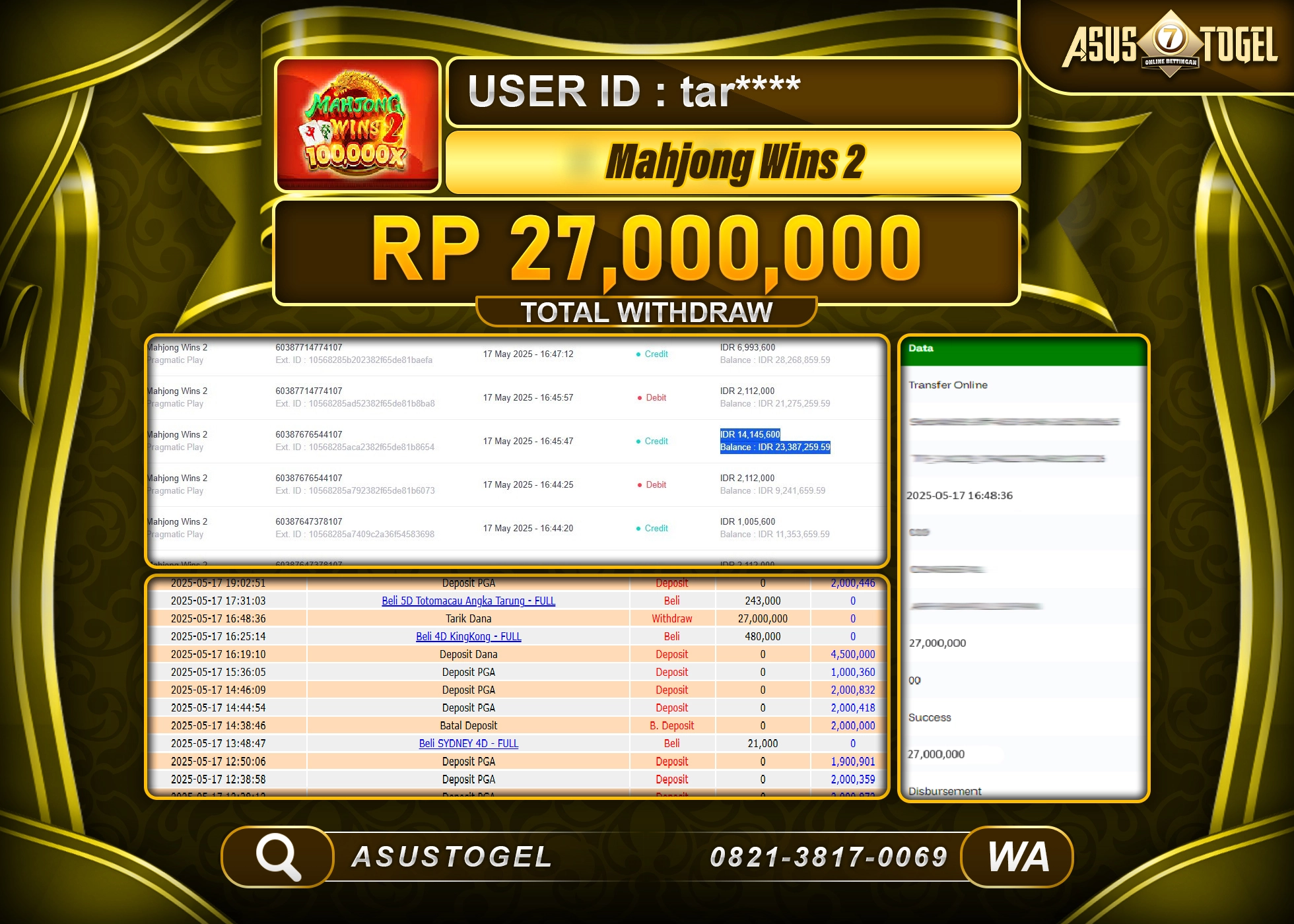  ASUSTOGEL KEMENANGAN DI SLOT MAHJONG WINS 2 SEBESAR 27,000,000- RUPIAH LUNAS