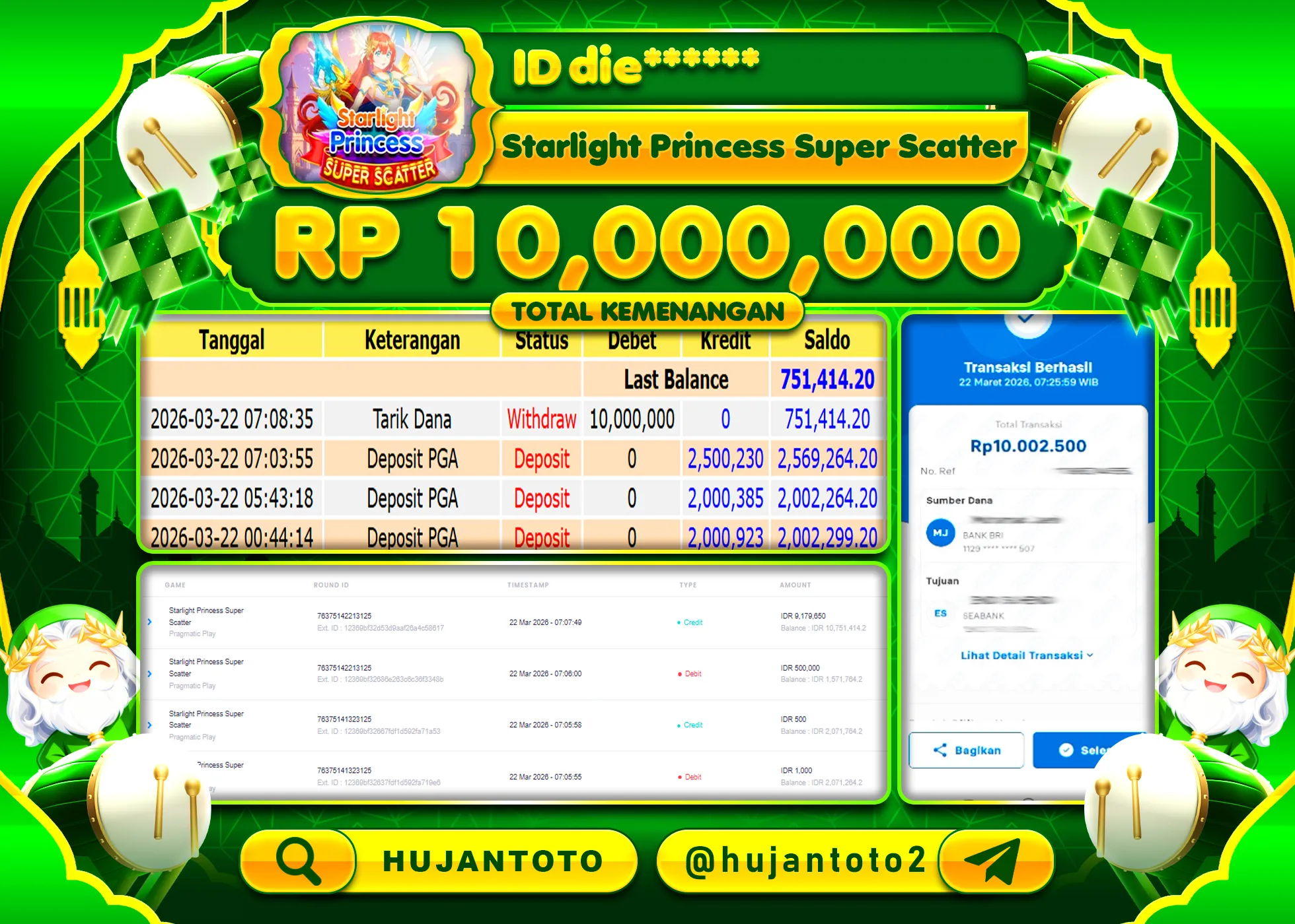 HUJANTOTO - BUKTI JACKPOT MENANG SLOT STARLIGHT PRINCESS SUPER SCATTER Rp.10,000,000 - TERBAYAR LUNAS