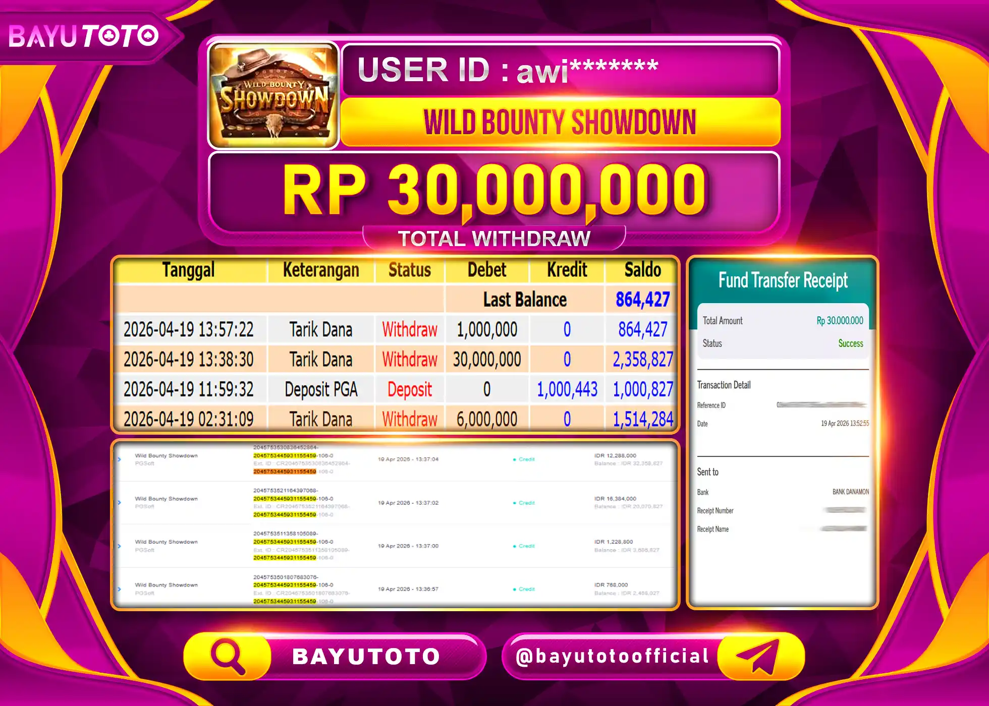 SELAMAT MEMBER BAYUTOTO JACKPOT DI SLOT WILD BOUNTY SHOWDOWN  Rp. 30,000,000 LUNAS