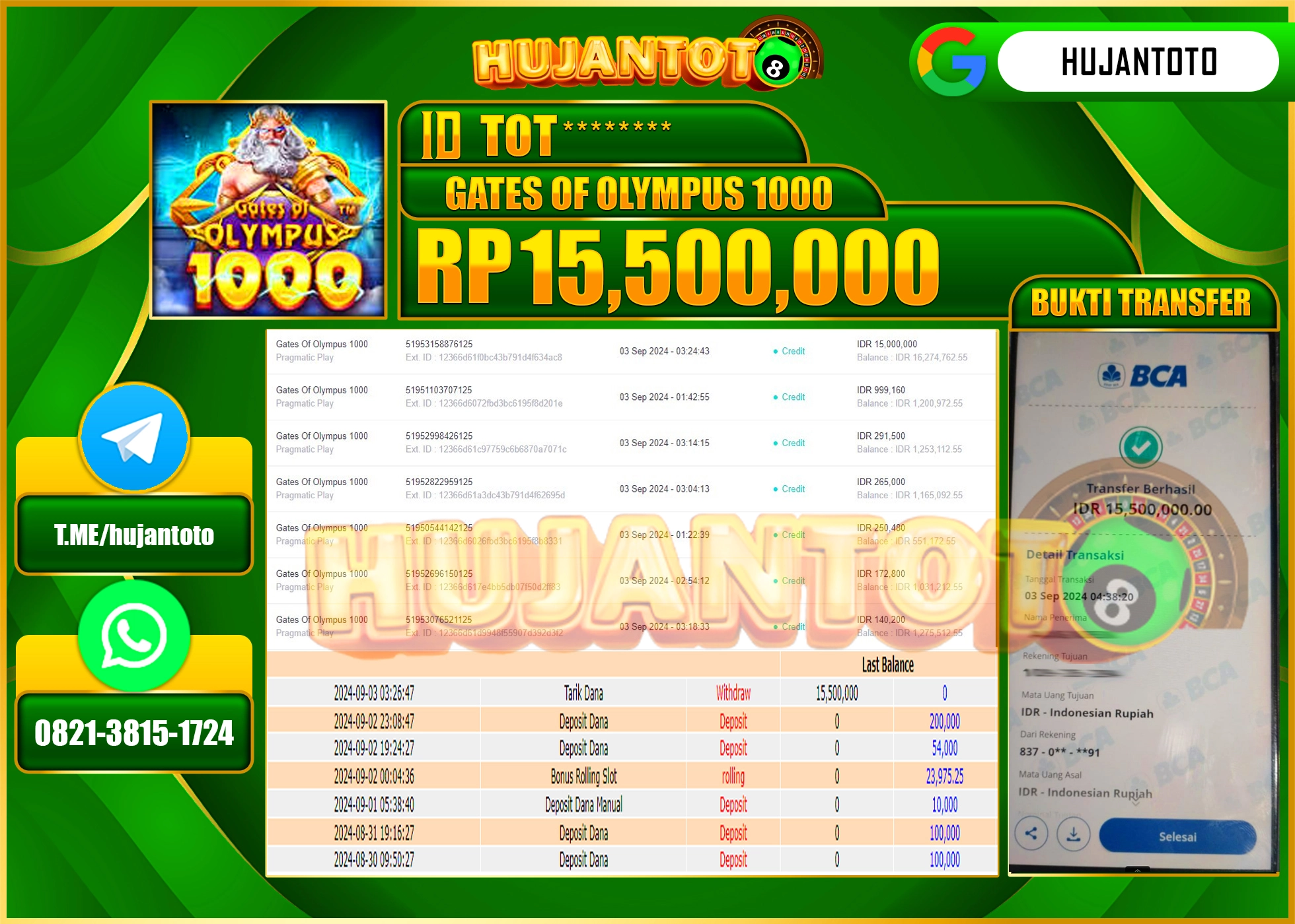 HUJANTOTO MENANG BESAR DI PERMAINAN GATES OF OLYMPUS 1000 15,500.000 - LUNAS 