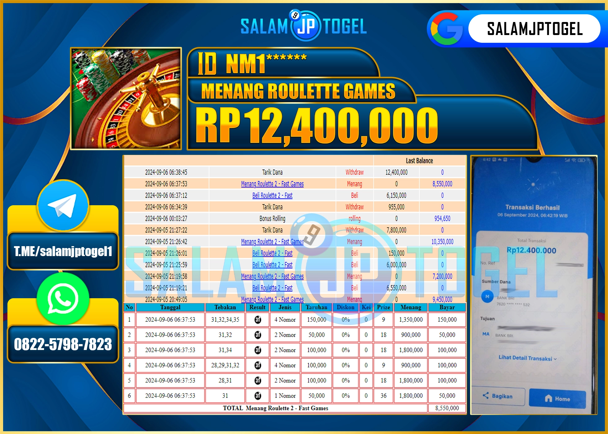 SALAMJPTOGEL MENANG LIVEGAMES ROULETTE RP. 12,400,000 LUNAS