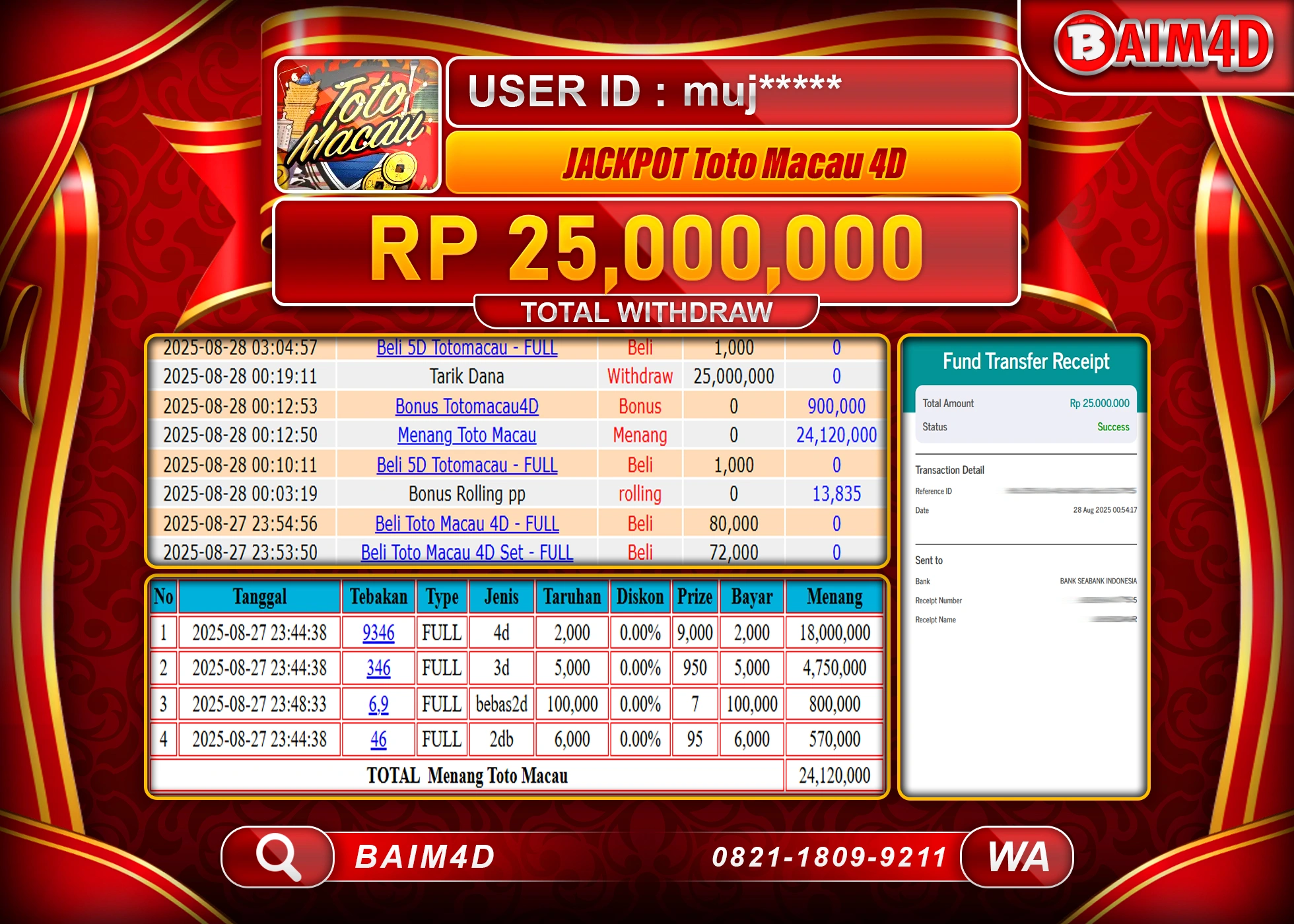 BAIM4D JACKTPOT TOGEL TOTO MACAU 4D  Rp.25,000,000.- LUNAS