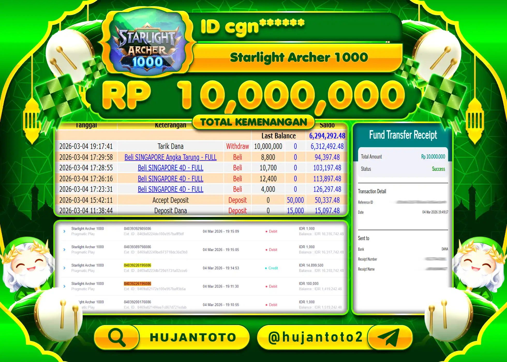 HUJANTOTO - BUKTI JACKPOT MENANG SLOT STARLIGHT ARCHER 1000 Rp.10,000,000 - TERBAYAR LUNAS