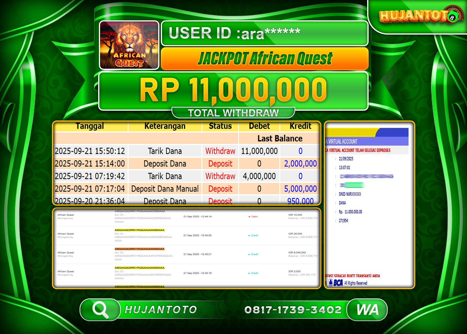 HUJANTOTO - BUKTI JACKPOT MENANG SLOT AFRICAN QUEST Rp.11,000,000 - TERBAYAR LUNAS