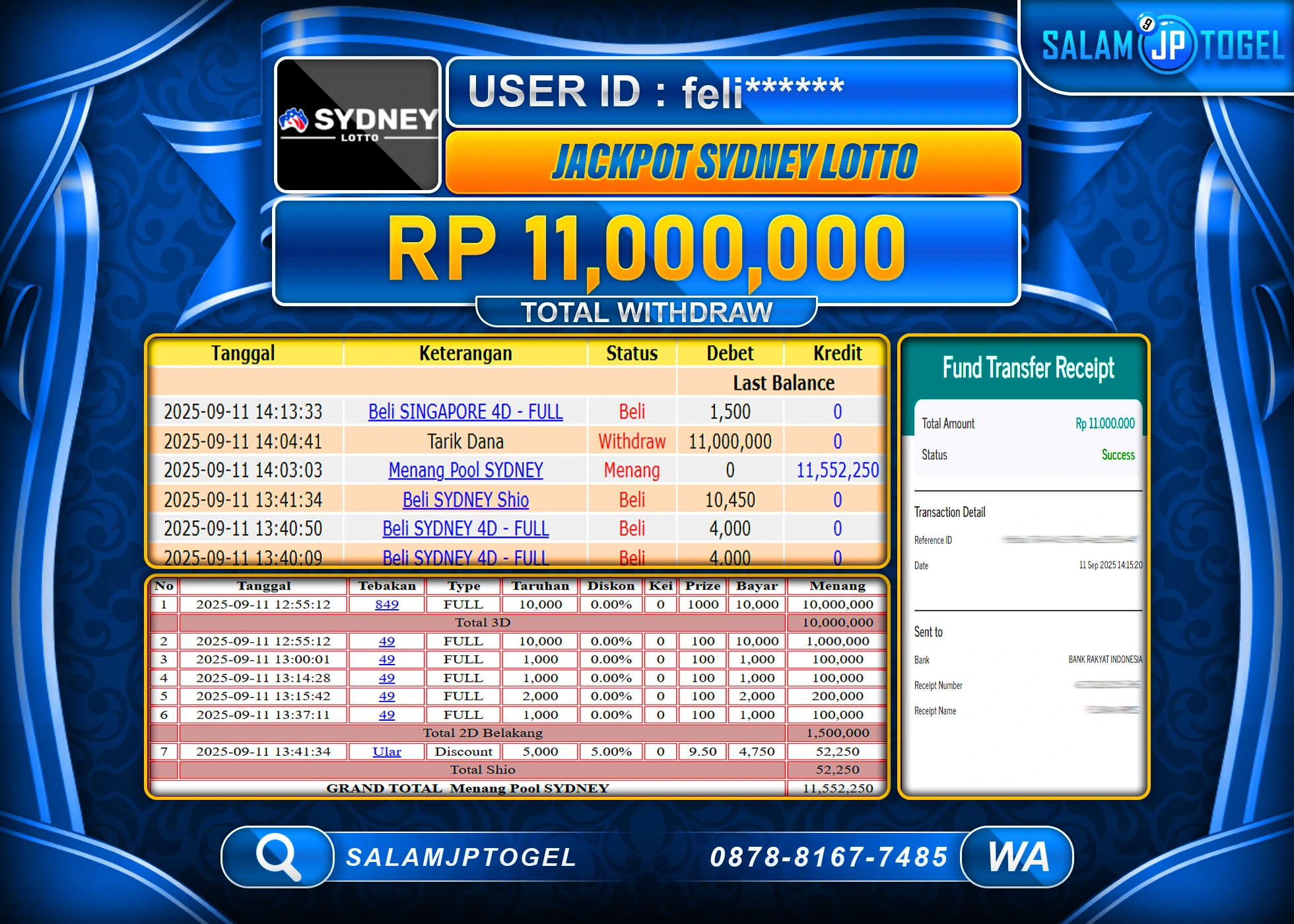 SALAMJPTOGEL MENANG JACKPOT TOGEL SYDNEY LOTTO  Rp. 11,000,000
