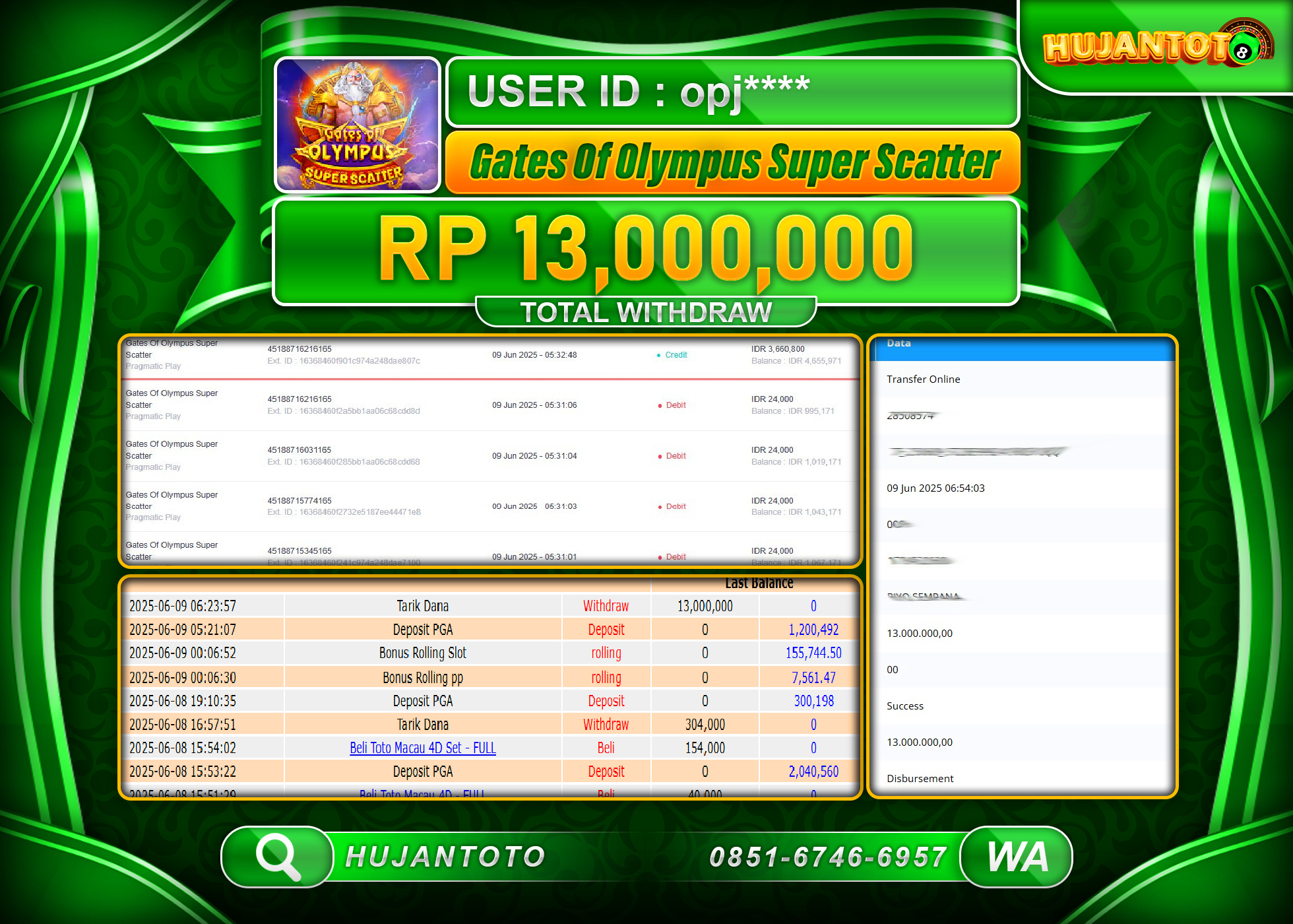 HUJANTOTO - BUKTI JACKPOT MENANG SLOT GATES OF OYMPUS SUPER SCATTER Rp.13,000,000 - TERBAYAR LUNAS