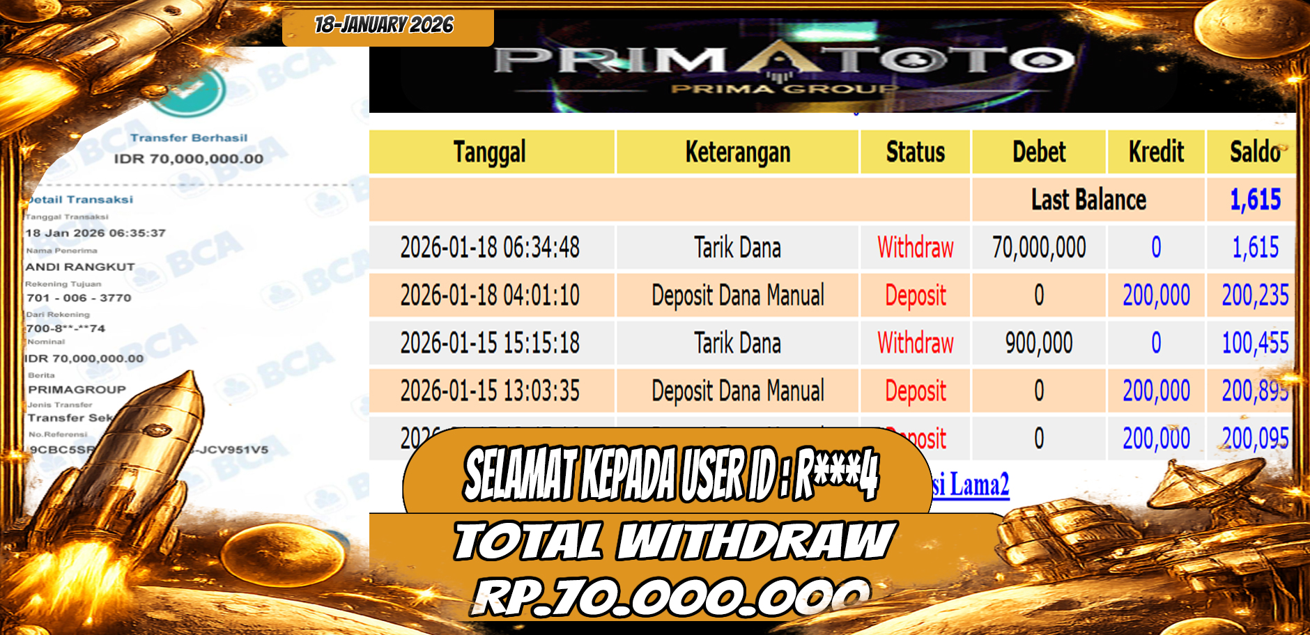 PRIMATOTO-JACKPOT SLOT GAME TIGER FORTUNE HINGGA 70 JUTA, 18 JANUARI 2026