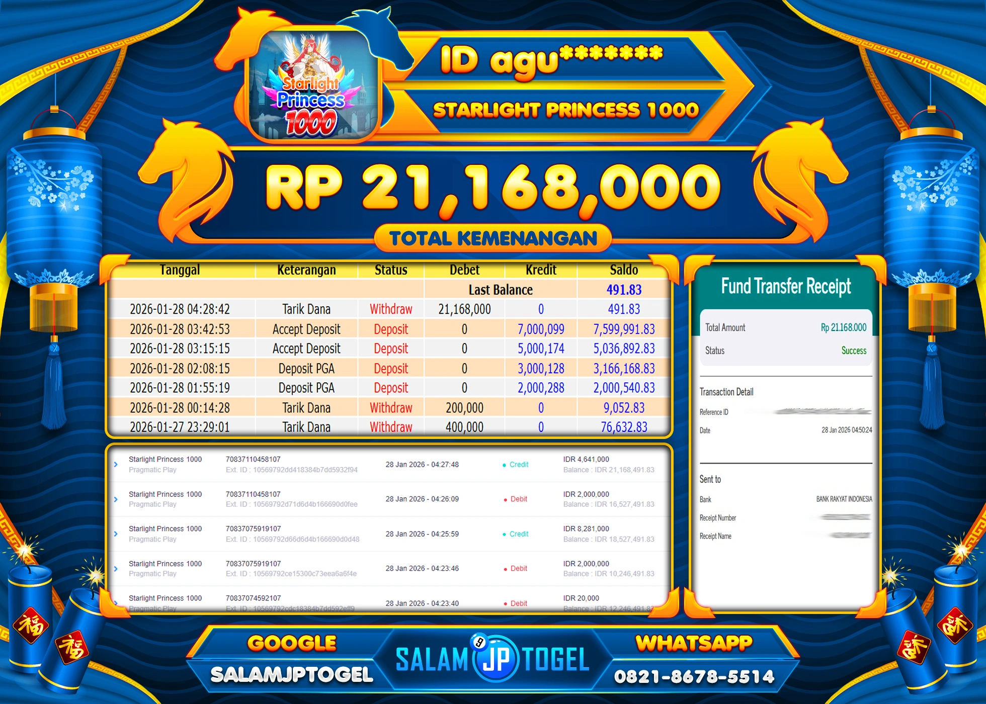 SALAMJPTOGEL JACKPOT STARLIGHT PRINCESS 1000 Rp.21,168,000 - LUNAS